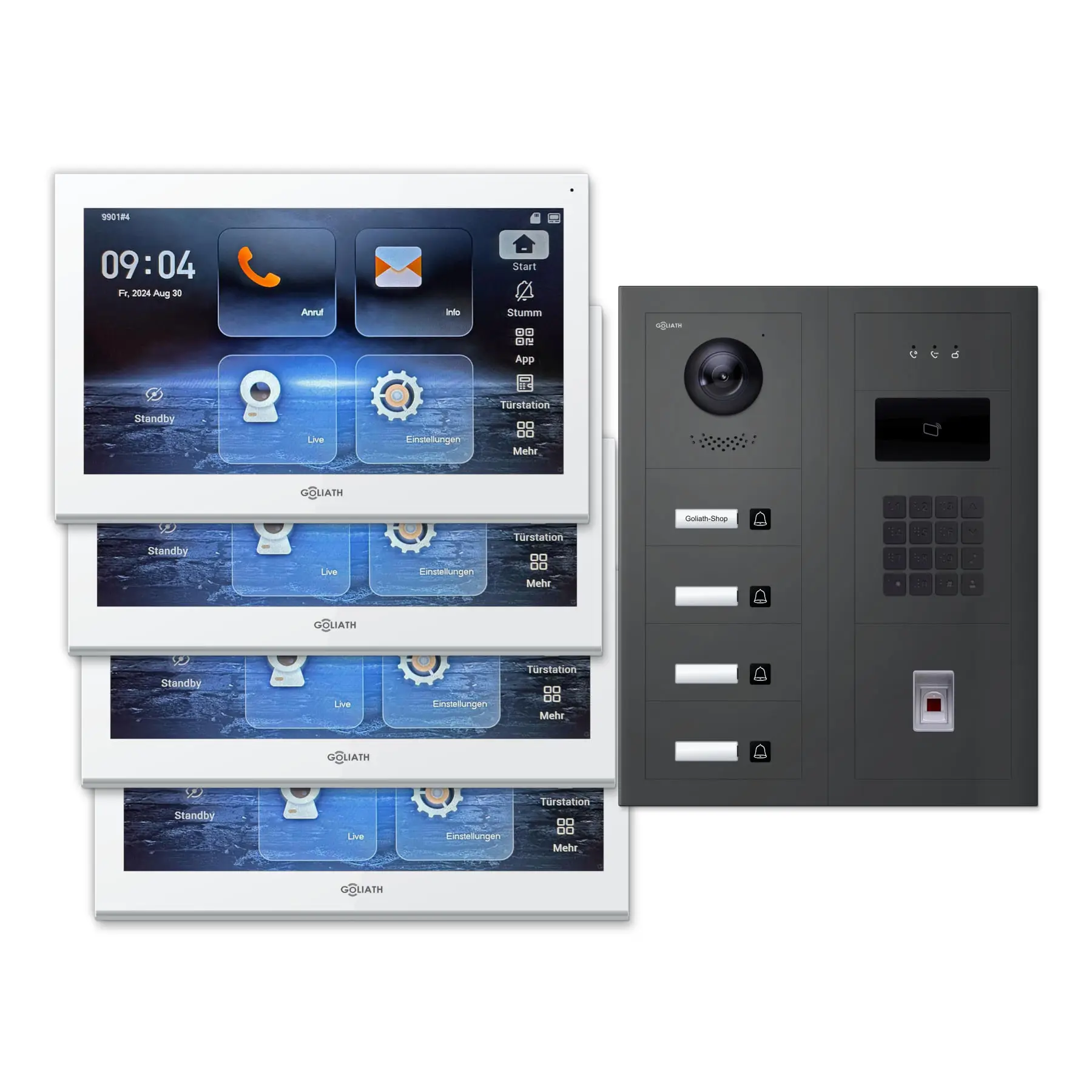Modulare Goliath Außenstation in anthrazit mit 4 Klingeltasten, Fingerprint, Zahlencode und RFID sowie Feedback-Modul und 4 10-Zoll-Innenmonitoren in Weiß.