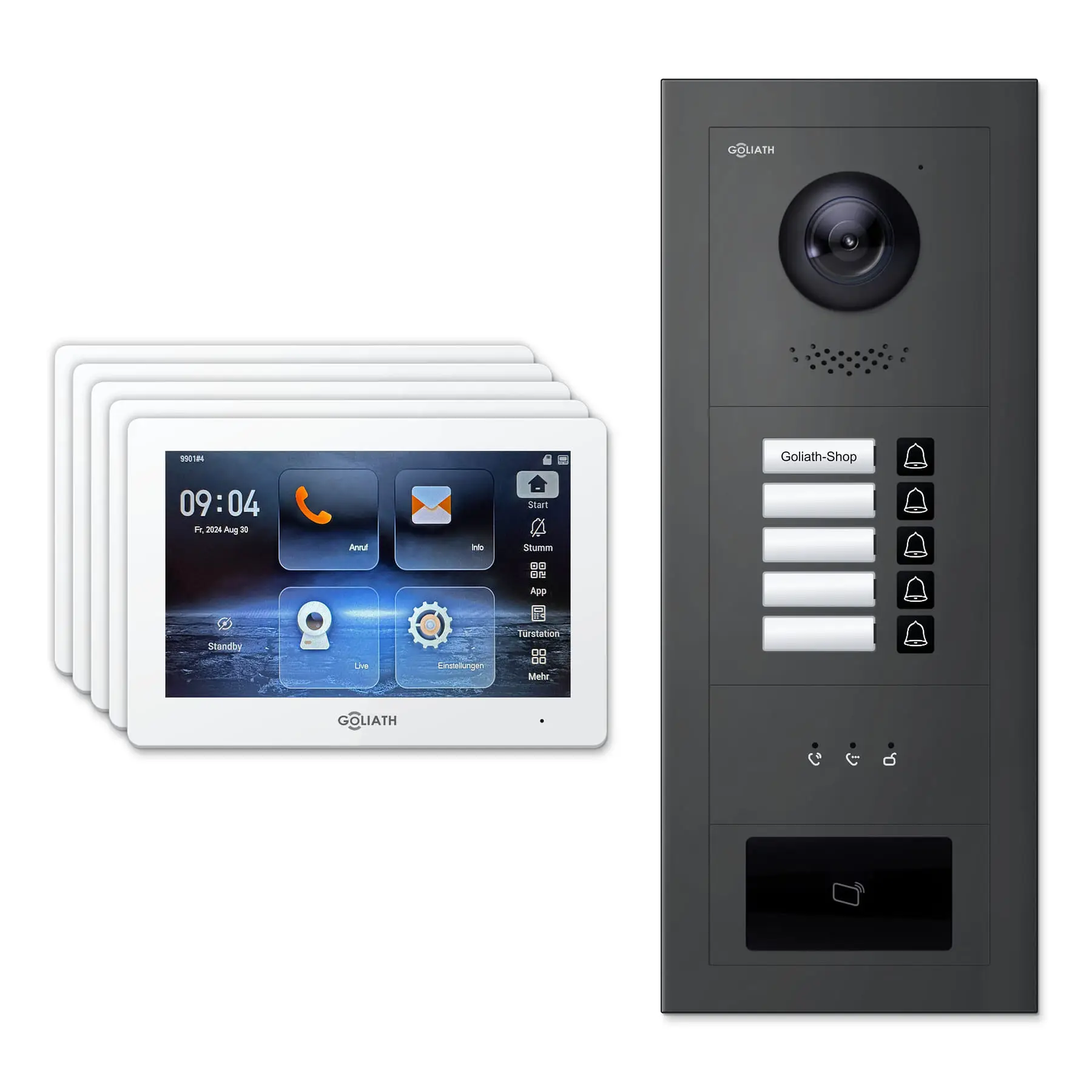Goliath Video Türsprechanlage GL-IPH515A für 5-Familienhaus: 5 Monitore mit 7 Zoll in Weiß, Außenstation in Anthrazit mit 5 Klingeltasten sowie Statusanzeige, RFID. Set für Unterputzmontage.