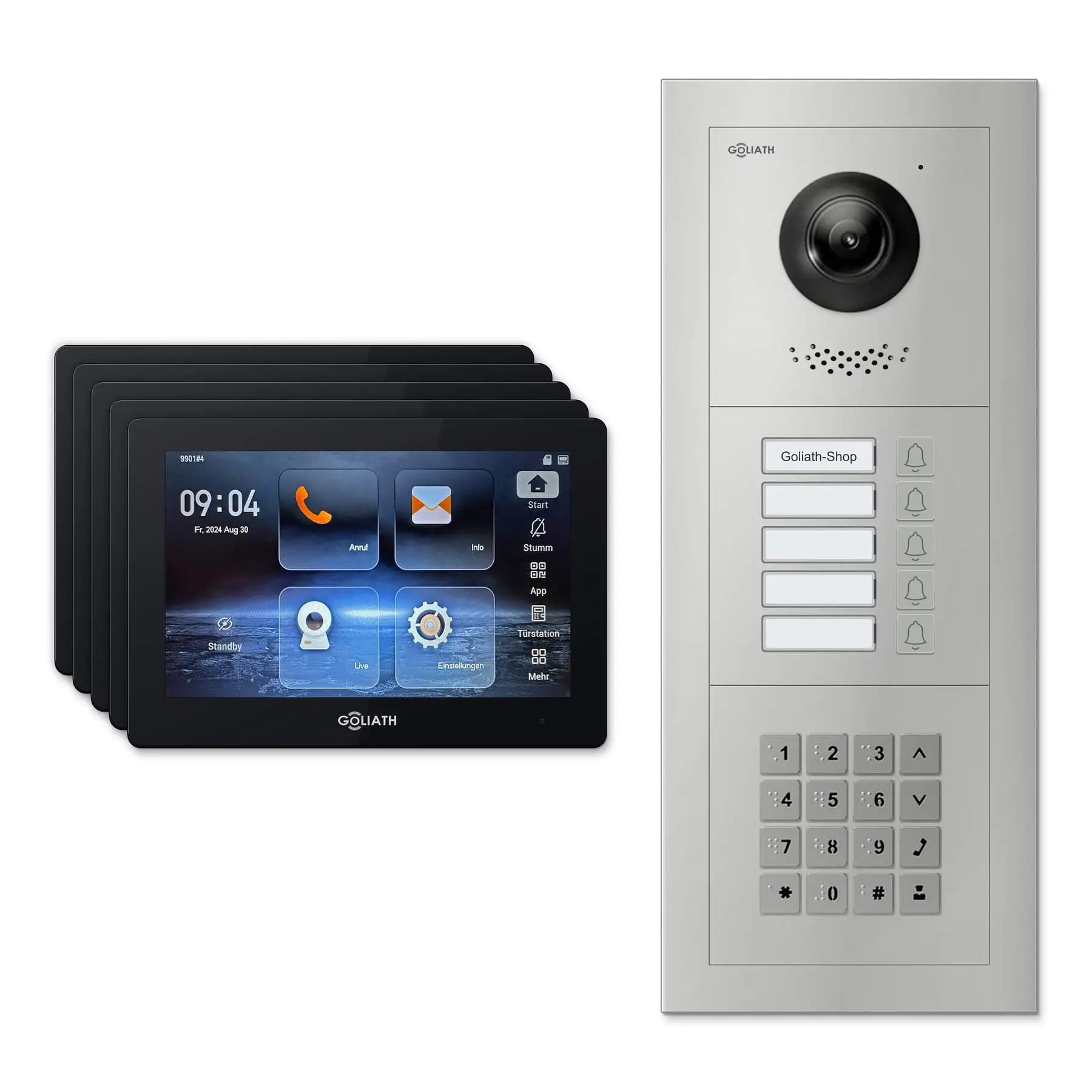 Goliath Türsprechanlage mit Kamera GL-HB520.2 für 5-Familienhaus: 5 Monitore mit 7 Zoll in Schwarz, Außenstation in Silber mit 5 Klingeltasten sowie Zahlencode. Set für Unterputzmontage.