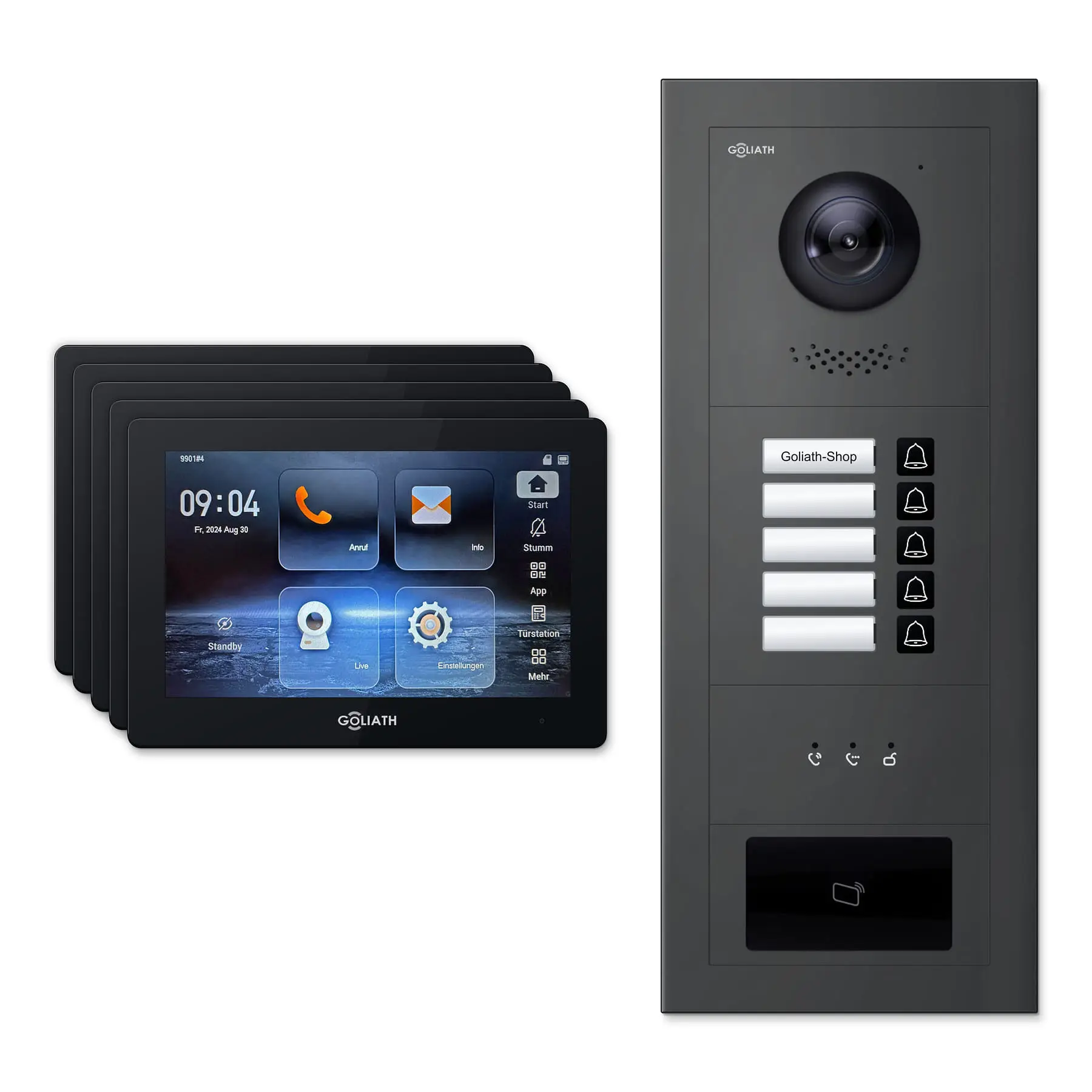 Goliath Video Türsprechanlage GL-IPH515A.3 für 5-Familienhaus: 5 Monitore mit 7 Zoll in Schwarz, Außenstation in Anthrazit mit 5 Klingeltasten sowie Statusanzeige, RFID. Set für Aufputzmontage.