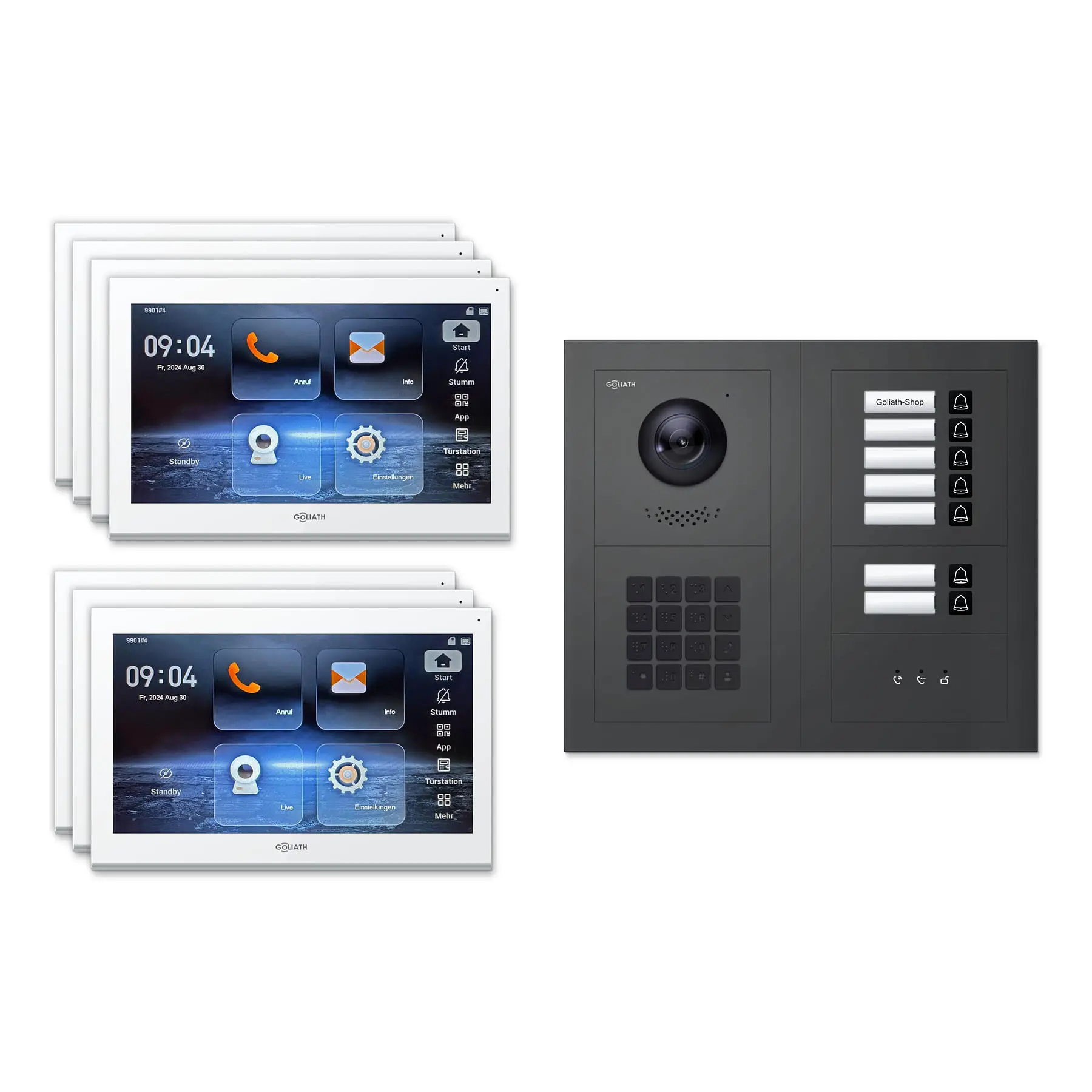 Goliath Video Türsprechanlage GL-IPH730A für 7-Familienhaus: 7 Monitore mit 10 Zoll in Weiß, Außenstation in Anthrazit mit 7 Klingeltasten sowie Statusanzeige, Zahlencode. Set für Unterputzmontage.