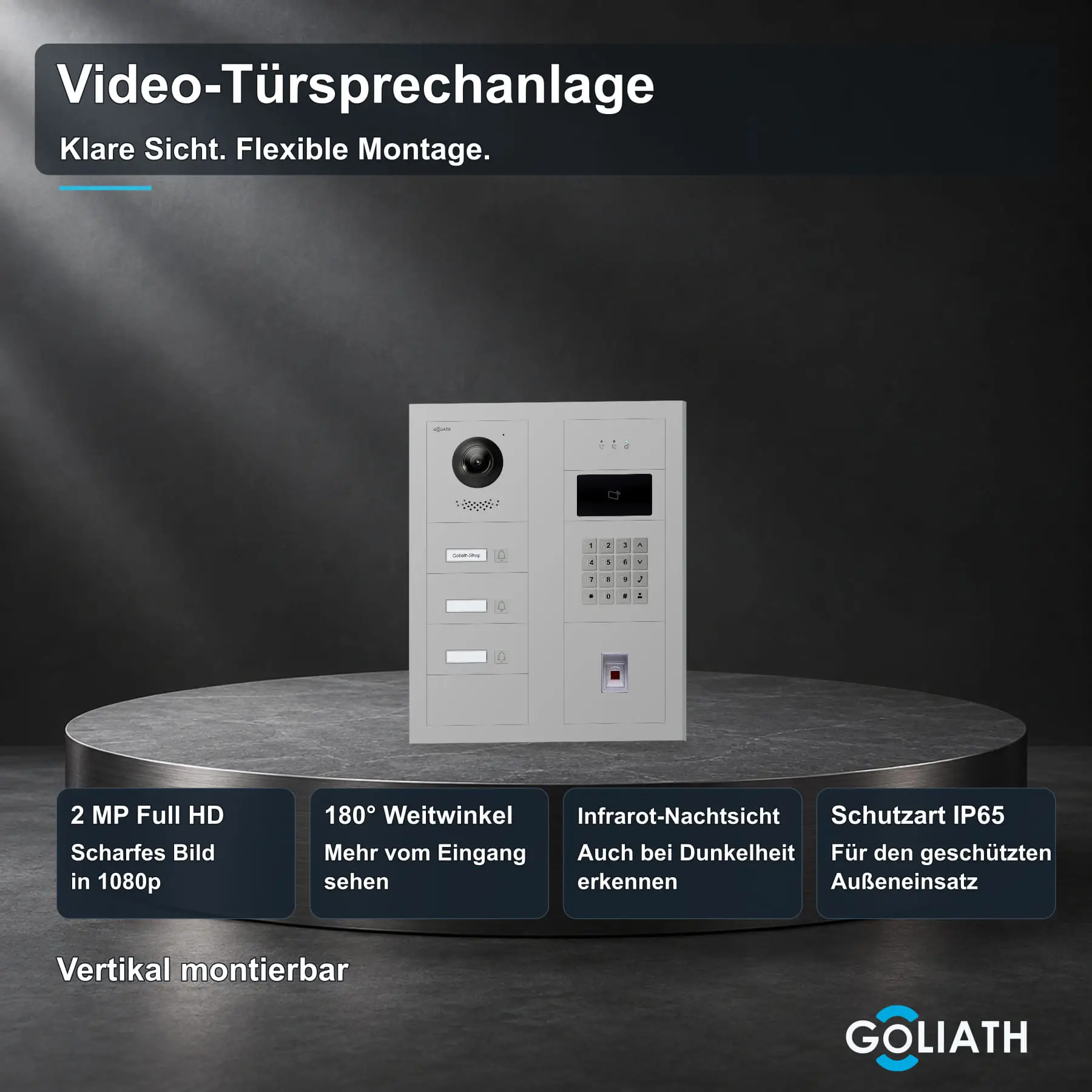 Goliath Außenstation in Silber mit 3 Klingeltasten, Fingerprint, Zahlencode und RFID sowie Feedback. Originalmodule in zwei Spalten; 2 MP Full HD, 180° Blickwinkel, Infrarot-Nachtsicht und IP65.