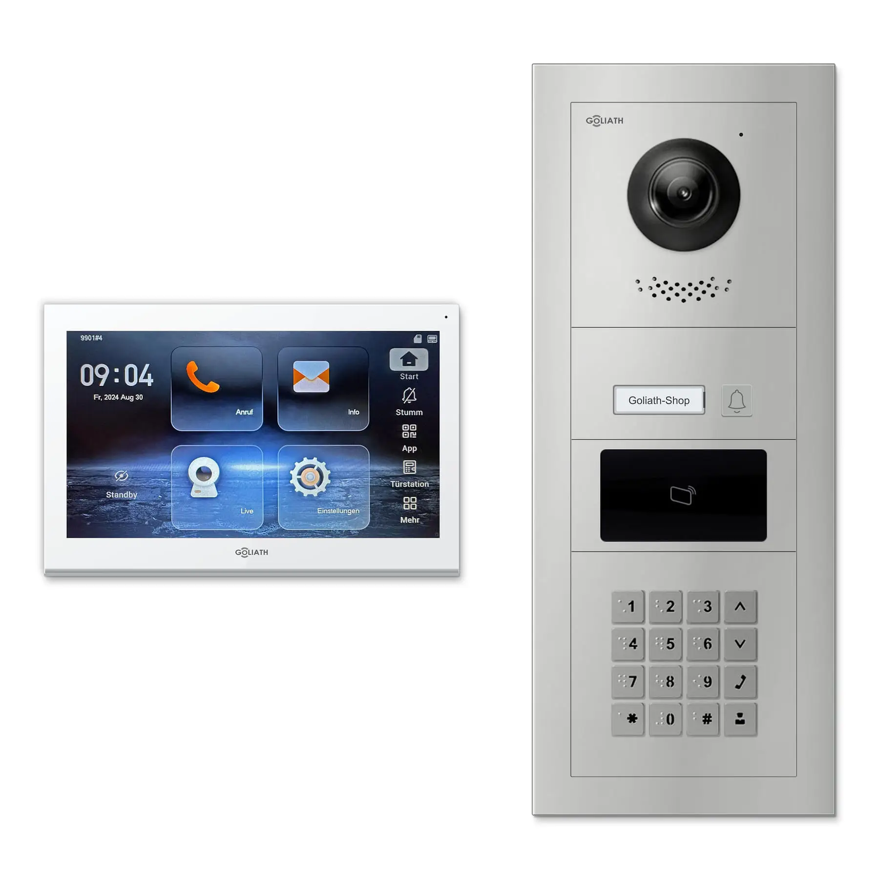 Goliath Video Türsprechanlage GL-IPH150 für 1-Familienhaus: 1 Monitor mit 10 Zoll in Weiß, Außenstation in Silber mit 1 Klingeltaste sowie RFID, Zahlencode. Set für Unterputzmontage.