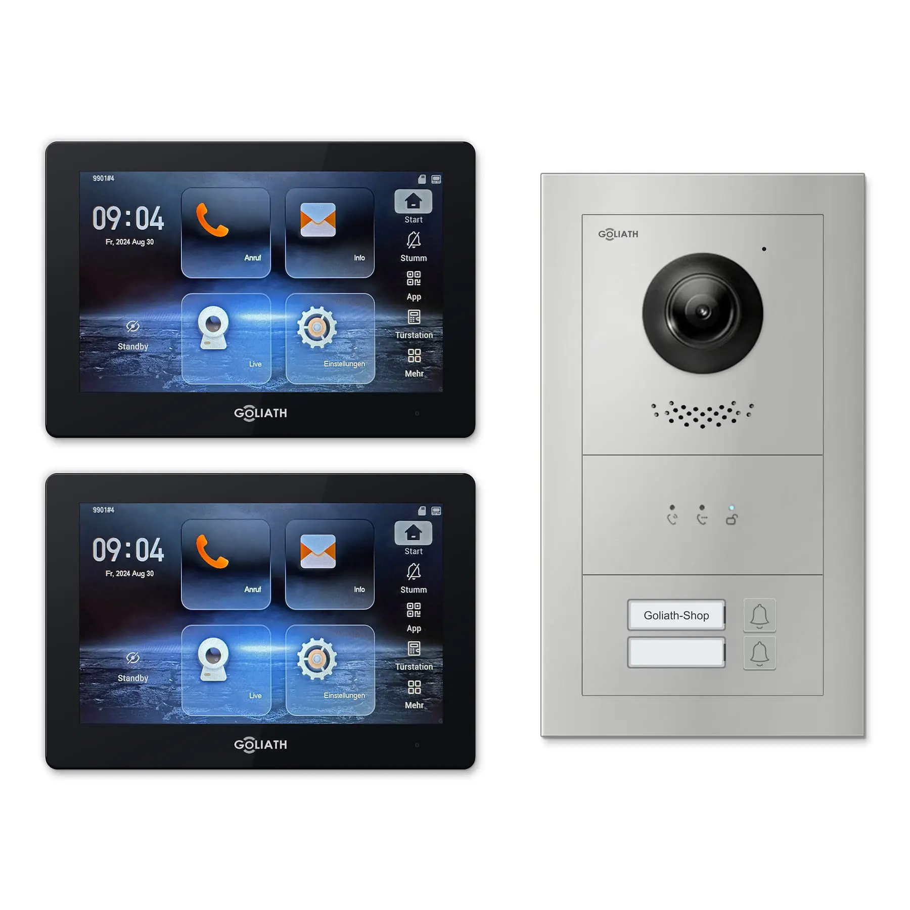 Goliath Türsprechanlage mit Kamera GL-HB200.3 für 2-Familienhaus: 2 Monitore mit 7 Zoll in Schwarz, Außenstation in Silber mit 2 Klingeltasten sowie Statusanzeige. Set für Aufputzmontage.