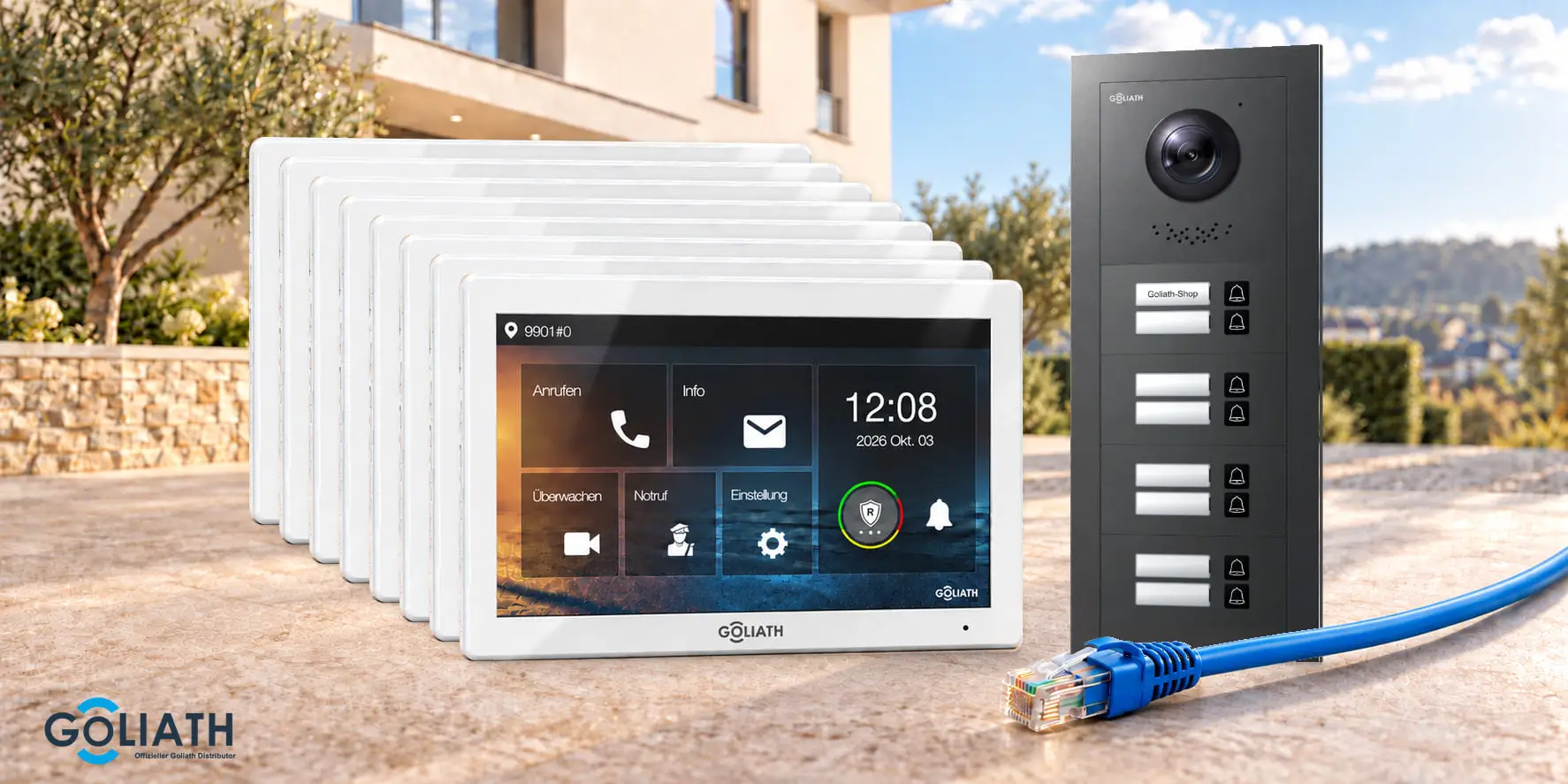 Premium-IP-Set f&uuml;r 8 Familien mit anthrazitfarbener Au&szlig;enstation und wei&szlig;en 7-Zoll-Monitoren vor einem Hauseingang