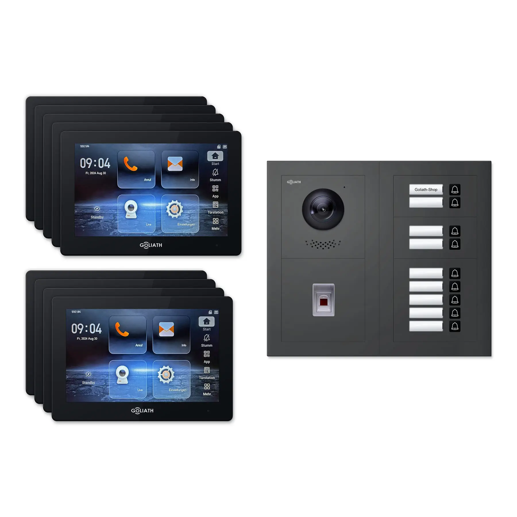Goliath Video Türsprechanlage GL-IPH935A.3 für 9-Familienhaus: 9 Monitore mit 7 Zoll in Schwarz, Außenstation in Anthrazit mit 9 Klingeltasten sowie Fingerprint. Set für Aufputzmontage.