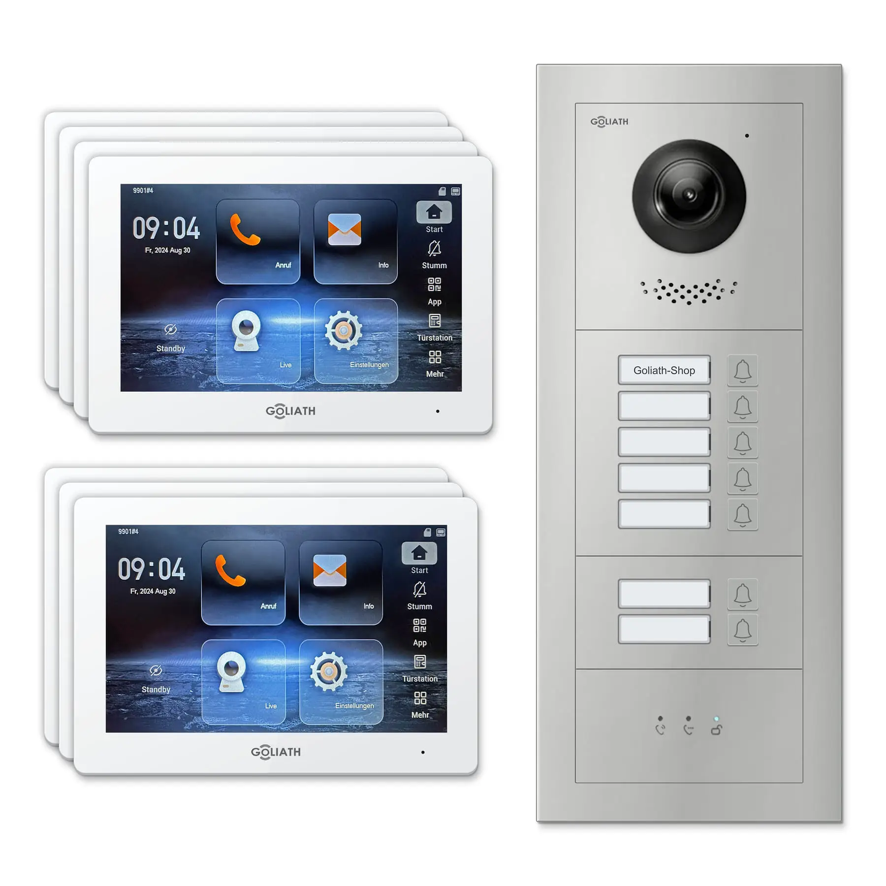 Goliath Video Türsprechanlage GL-IPH705 für 7-Familienhaus: 7 Monitore mit 7 Zoll in Weiß, Außenstation in Silber mit 7 Klingeltasten sowie Statusanzeige. Set für Unterputzmontage.