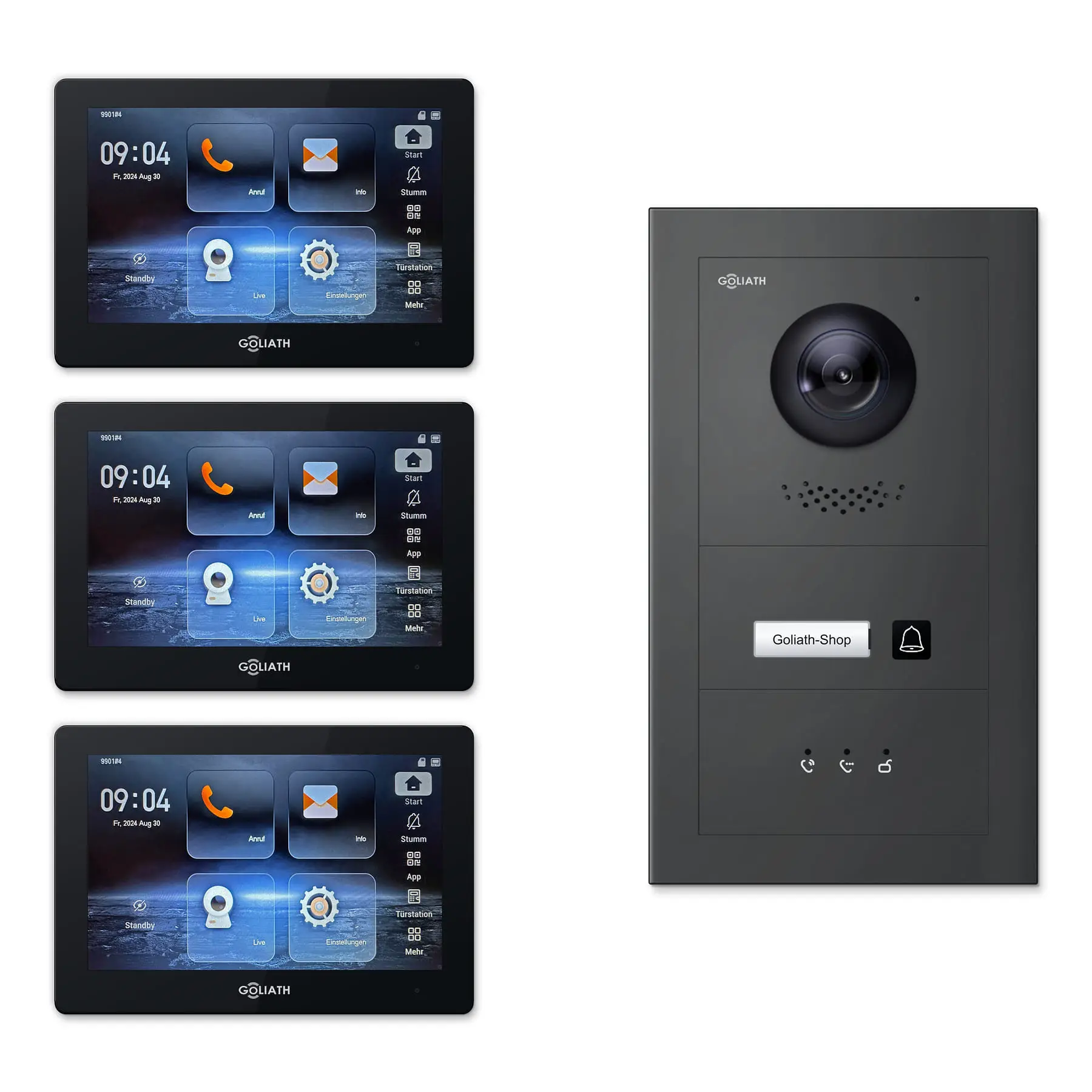 Goliath Video Türsprechanlage GL-IPH107A.4 für 1-Familienhaus: 3 Monitore mit 7 Zoll in Schwarz, Außenstation in Anthrazit mit 1 Klingeltaste sowie Statusanzeige. Set für Unterputzmontage.