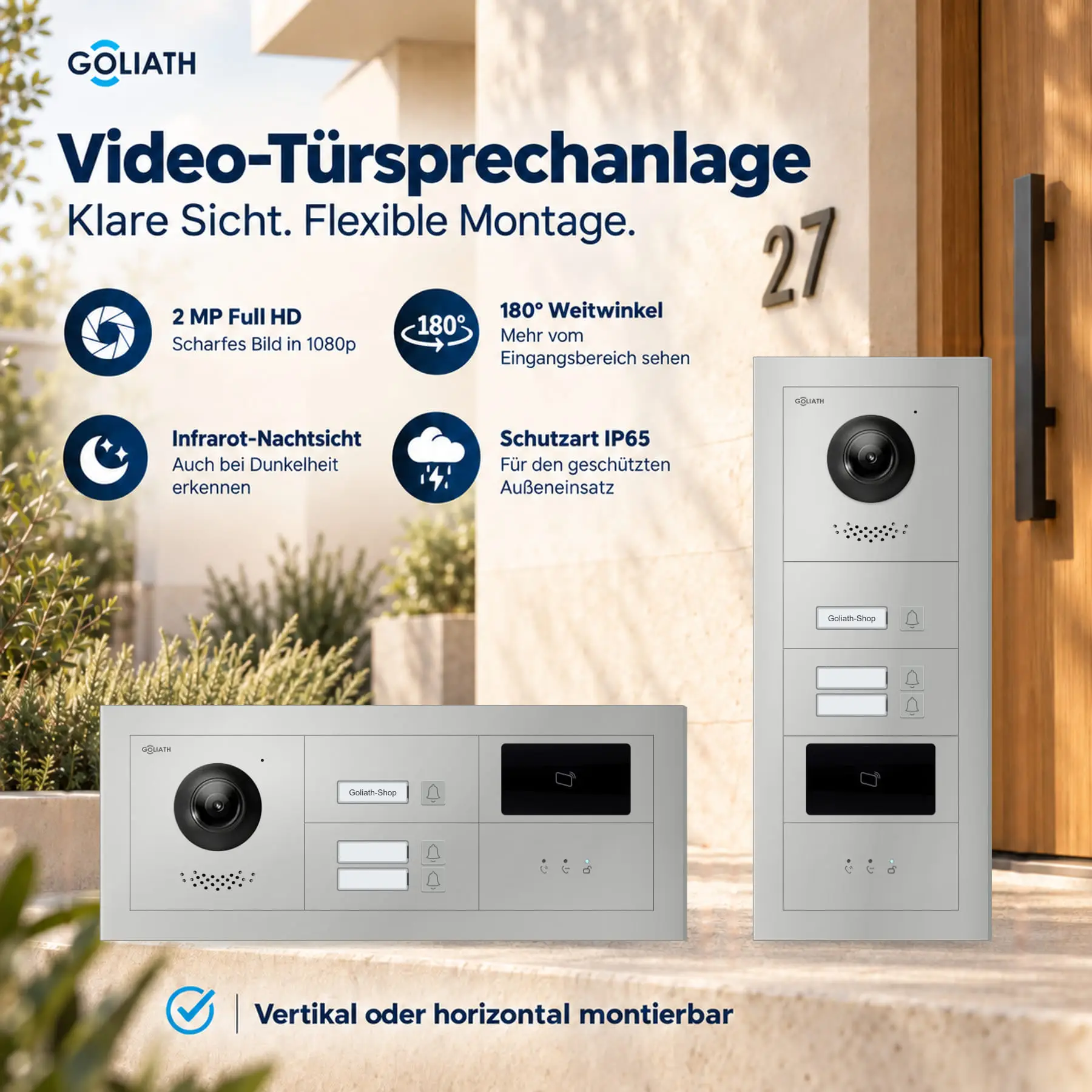 Goliath Premium-Line-Außenstation in Silber mit Kamera, 3 Klingeltasten, RFID-Leser und Feedback-Anzeige. Senkrechte und waagerechte Anordnung auf Naturstein.