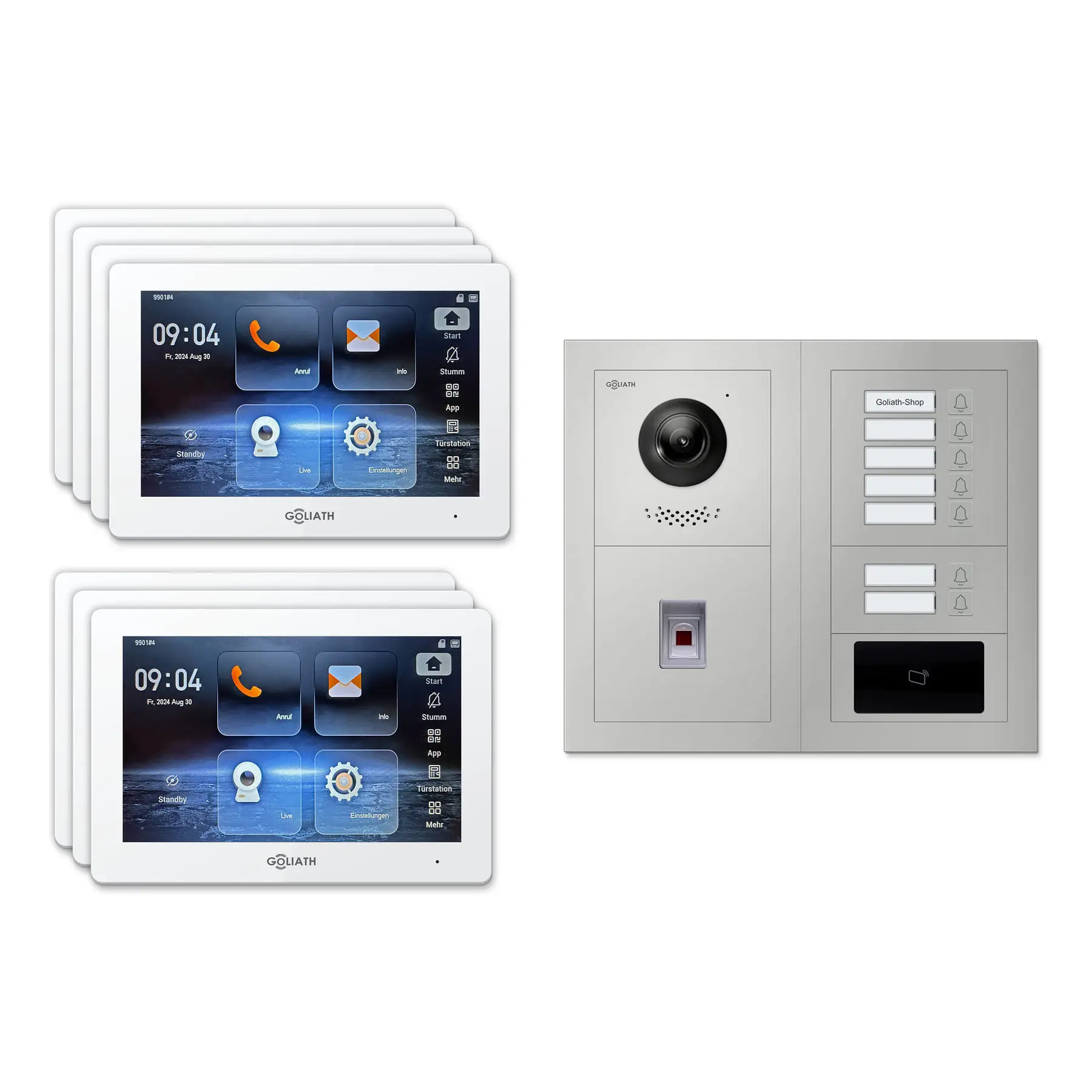 Goliath Video Türsprechanlage GL-IPH745.1 für 7-Familienhaus: 7 Monitore mit 7 Zoll in Weiß, Außenstation in Silber mit 7 Klingeltasten sowie RFID, Fingerprint. Set für Aufputzmontage.