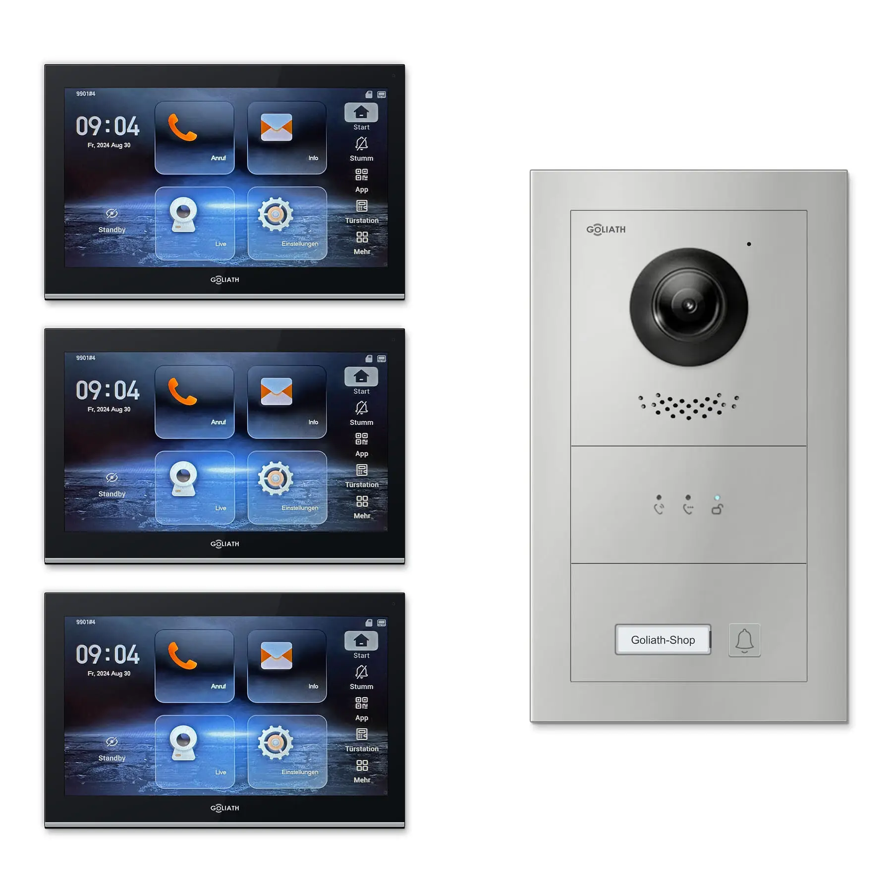 Goliath Video Türsprechanlage GL-IPH102.6 für 1-Familienhaus: 3 Monitore mit 10 Zoll in Schwarz, Außenstation in Silber mit 1 Klingeltaste sowie Statusanzeige. Set für Aufputzmontage.
