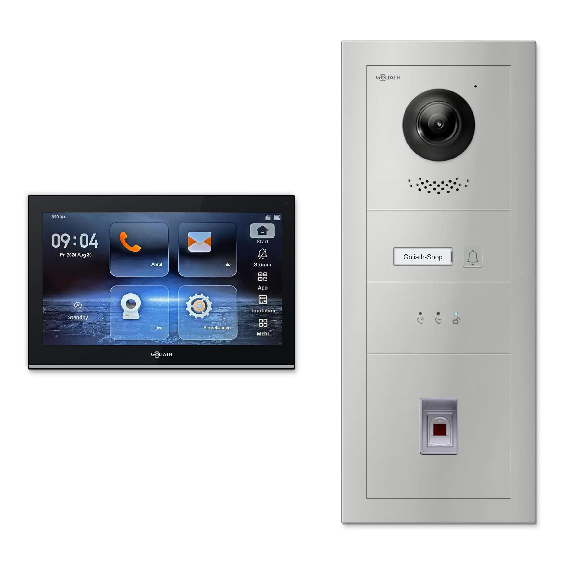 Goliath Video Türsprechanlage GL-IPH130.4 für 1-Familienhaus: 1 Monitor mit 10 Zoll in Schwarz, Außenstation in Silber mit 1 Klingeltaste sowie Statusanzeige, Fingerprint. Set für Unterputzmontage.