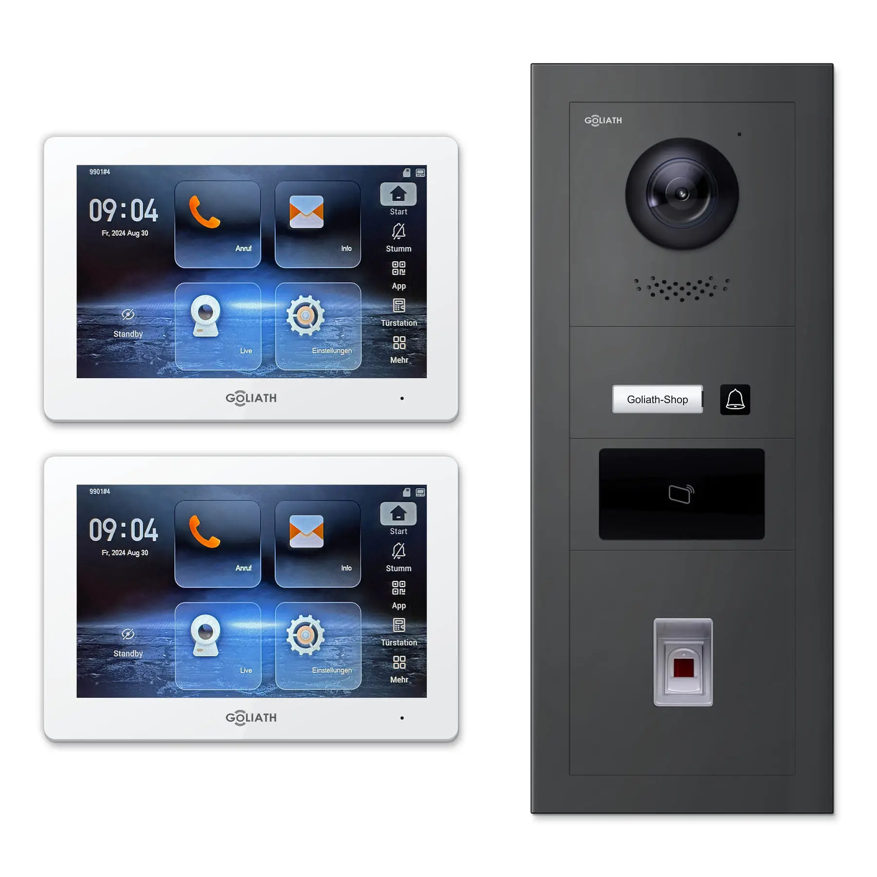 Goliath Video Türsprechanlage GL-IPH146A.2 für 1-Familienhaus: 2 Monitore mit 7 Zoll in Weiß, Außenstation in Anthrazit mit 1 Klingeltaste sowie RFID, Fingerprint. Set für Aufputzmontage.