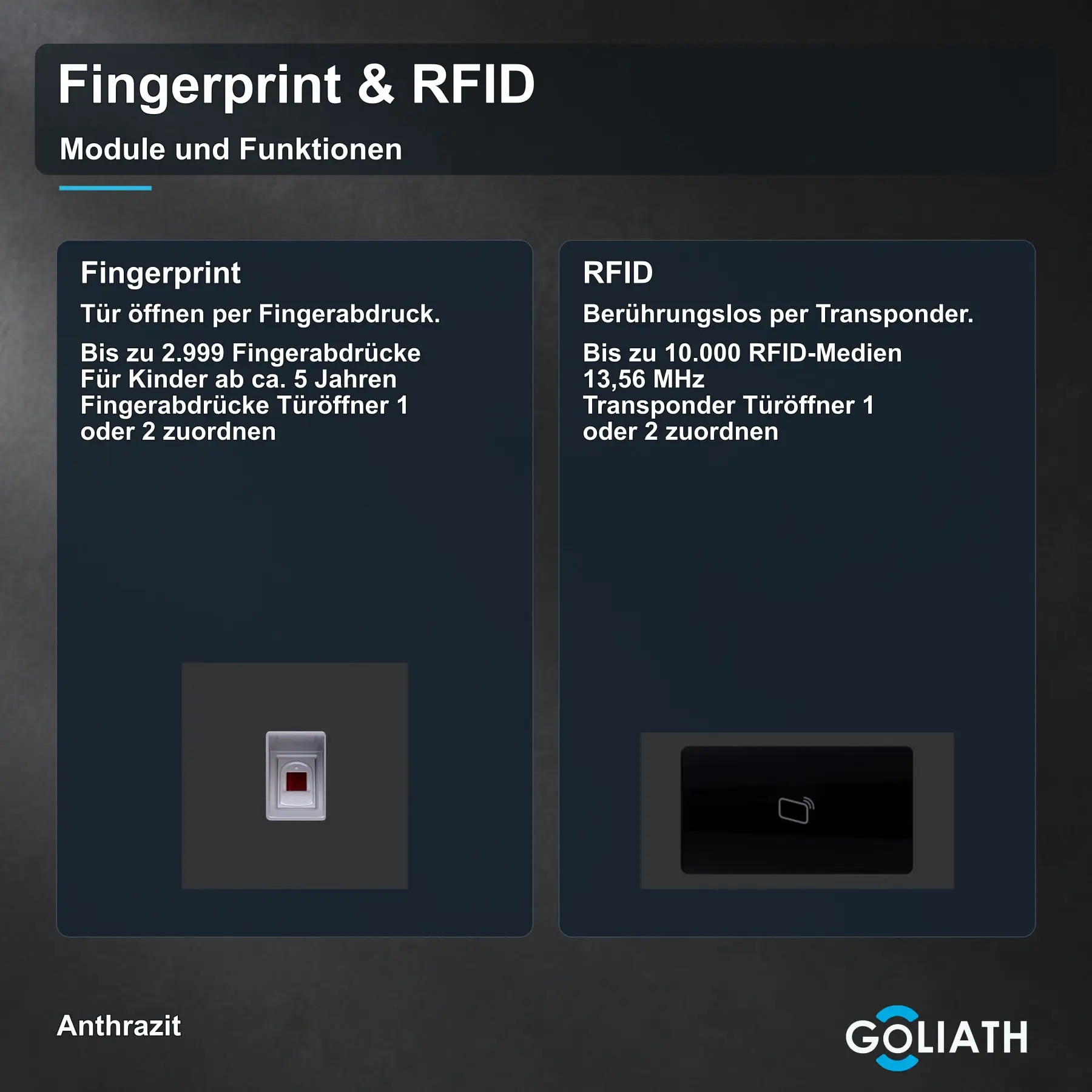 Fingerprint-Modul und RFID-Leser für die Goliath Türsprechanlage in Anthrazit: Türöffnung per Fingerabdruck und berührungslose Türöffnung per Transponder.