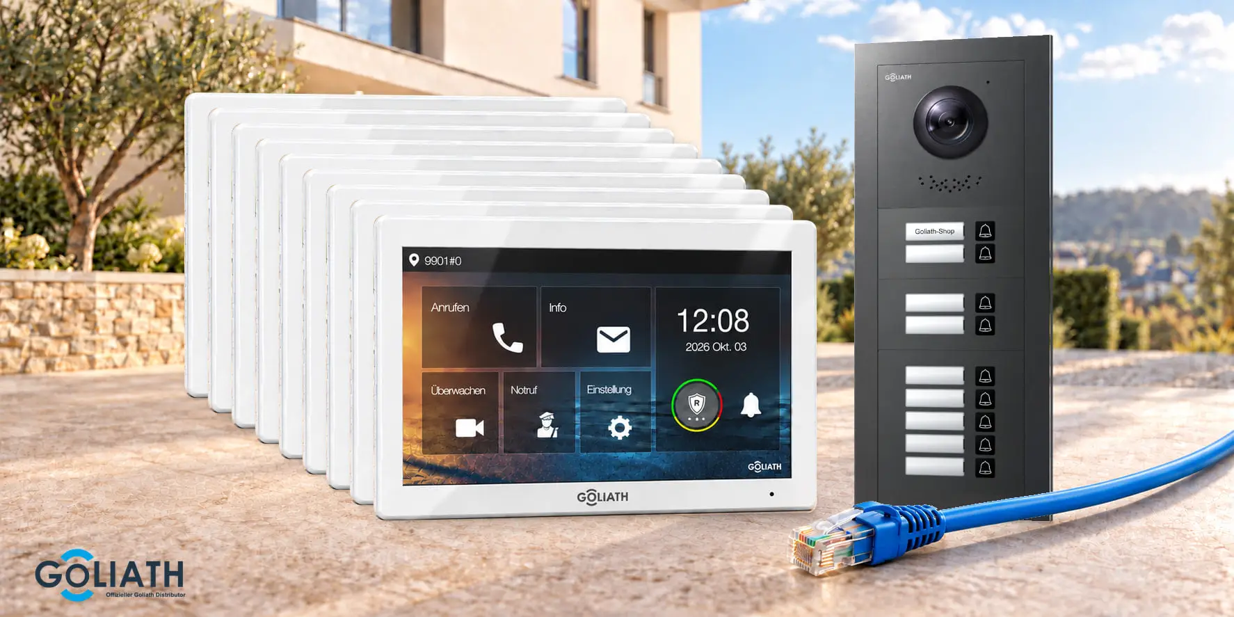 Goliath Premium IP – Ausstattungsbeispiel für 9 Familien Premium-IP-Set für 9 Familien mit anthrazitfarbener Außenstation und weißen 7-Zoll-Monitoren vor einem Hauseingang