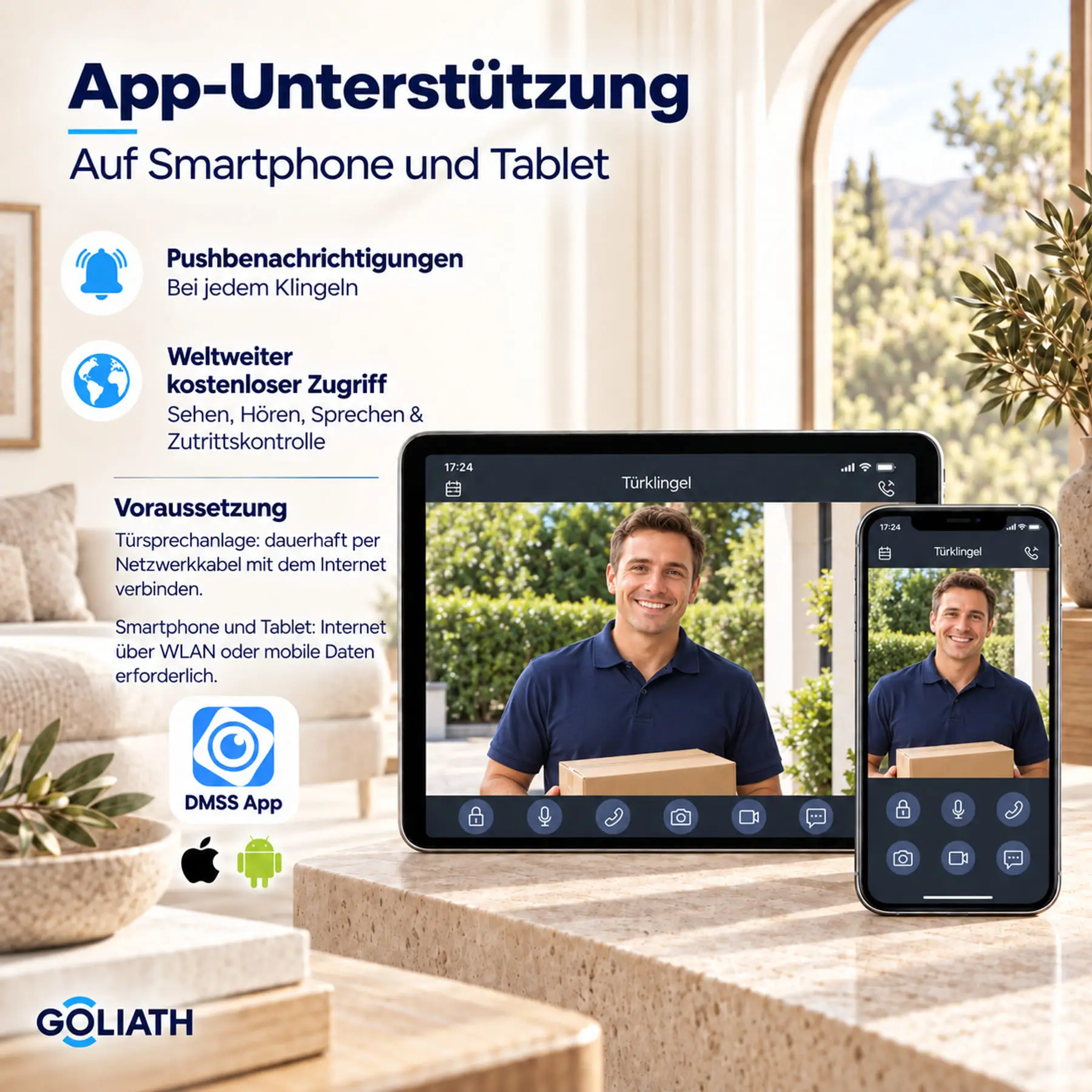 DMSS-App mit Besucher-Livebild auf einem Smartphone im Hochformat und einem Tablet im Querformat. Hinweise zu Pushbenachrichtigungen, Türöffnung und Internetzugang.