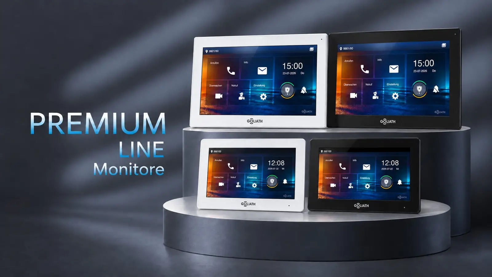 Vier Goliath Premium-Line-Innenmonitore mit 7 und 10 Zoll in Weiß und Schwarz auf einem dunklen Podest