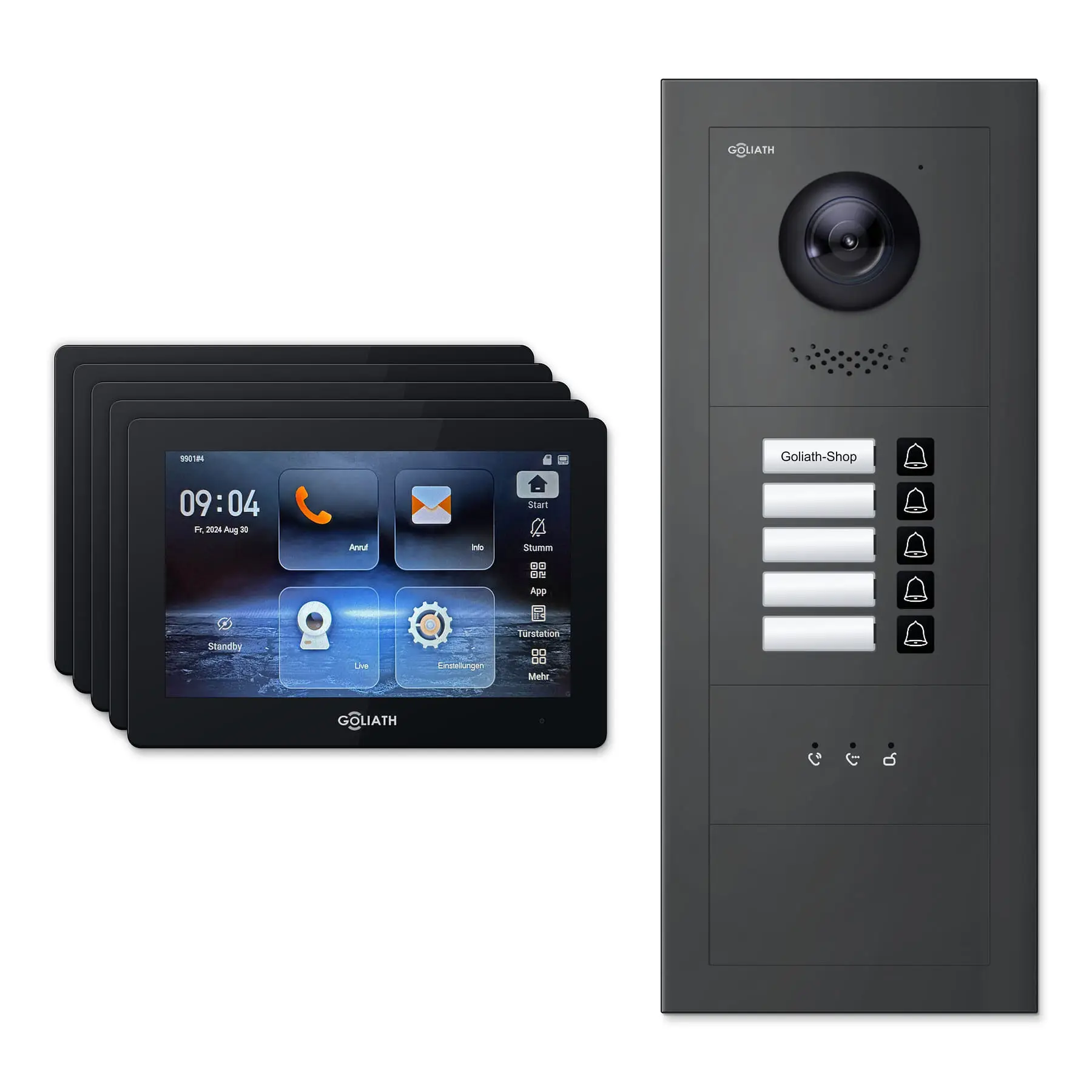 Goliath Türsprechanlage mit Kamera GL-HB540A.3 für 5-Familienhaus: 5 Monitore mit 7 Zoll in Schwarz, Außenstation in Anthrazit mit 5 Klingeltasten sowie Statusanzeige. Set für Aufputzmontage.