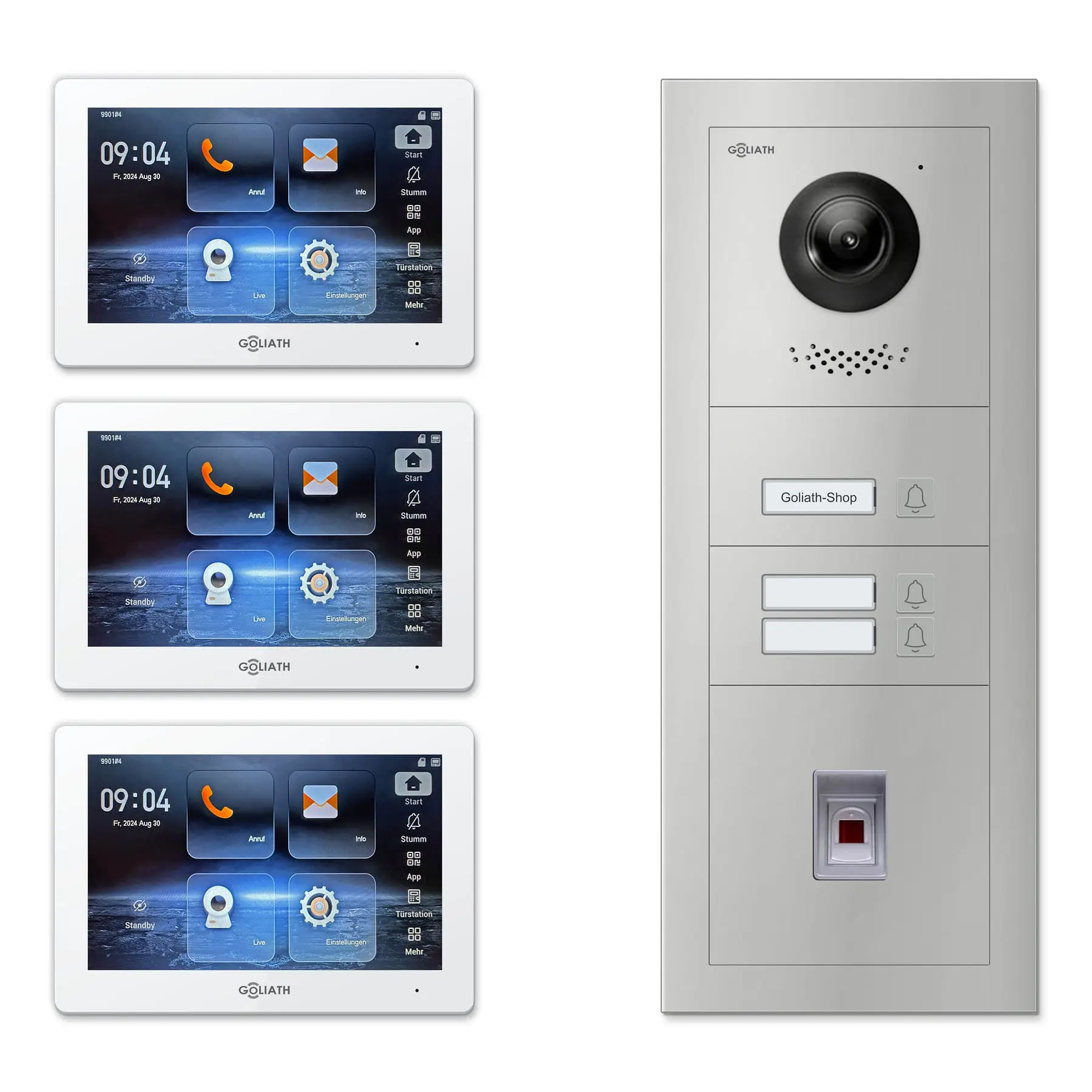 Goliath Türsprechanlage mit Kamera GL-HB330 für 3-Familienhaus: 3 Monitore mit 7 Zoll in Weiß, Außenstation in Silber mit 3 Klingeltasten sowie Fingerprint. Set für Unterputzmontage.