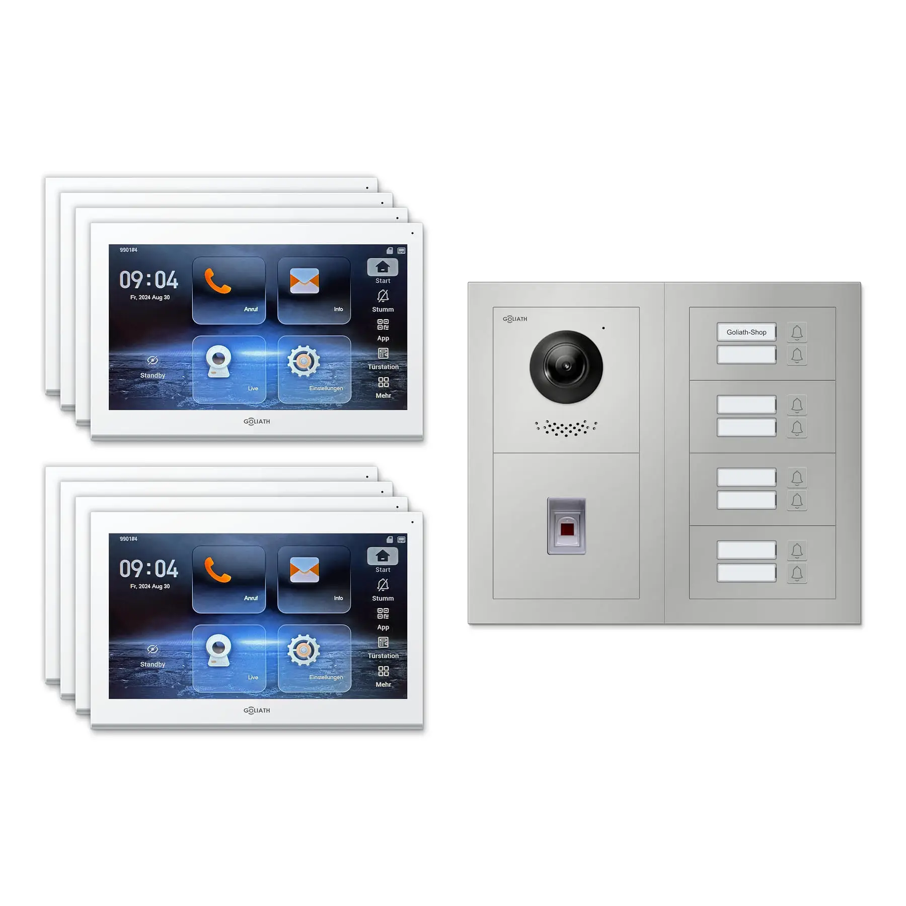 Goliath Video Türsprechanlage GL-IPH830.1 für 8-Familienhaus: 8 Monitore mit 10 Zoll in Weiß, Außenstation in Silber mit 8 Klingeltasten sowie Fingerprint. Set für Aufputzmontage.