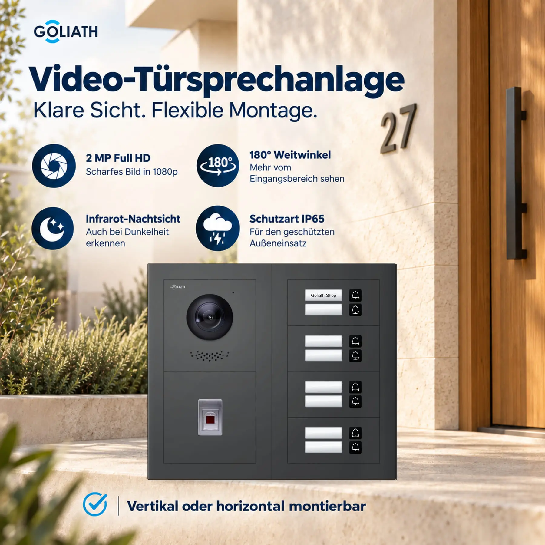 Goliath Premium-Line-Außenstation in Anthrazit mit Kamera, 8 Klingeltasten und Fingerprint-Modul. Zwei aufrechte Modulspalten nebeneinander auf Naturstein.