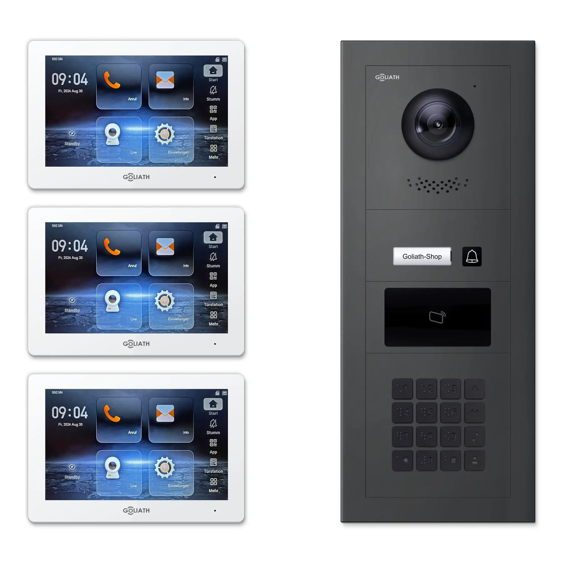 Goliath Video Türsprechanlage GL-IPH157A.2 für 1-Familienhaus: 3 Monitore mit 7 Zoll in Weiß, Außenstation in Anthrazit mit 1 Klingeltaste sowie RFID, Zahlencode. Set für Aufputzmontage.