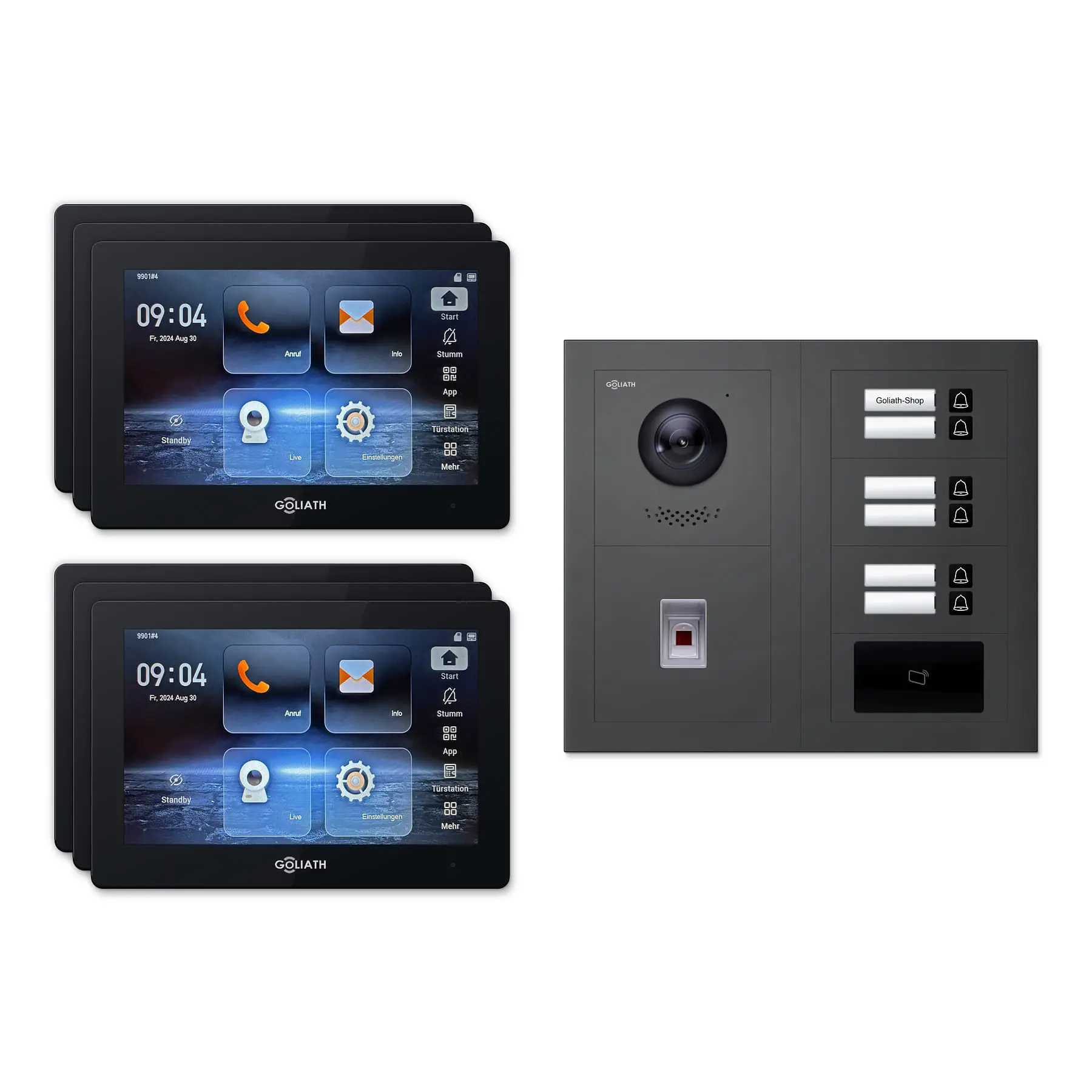 Goliath Türsprechanlage mit Kamera GL-HB640A.3 für 6-Familienhaus: 6 Monitore mit 7 Zoll in Schwarz, Außenstation in Anthrazit mit 6 Klingeltasten sowie RFID, Fingerprint. Set für Aufputzmontage.