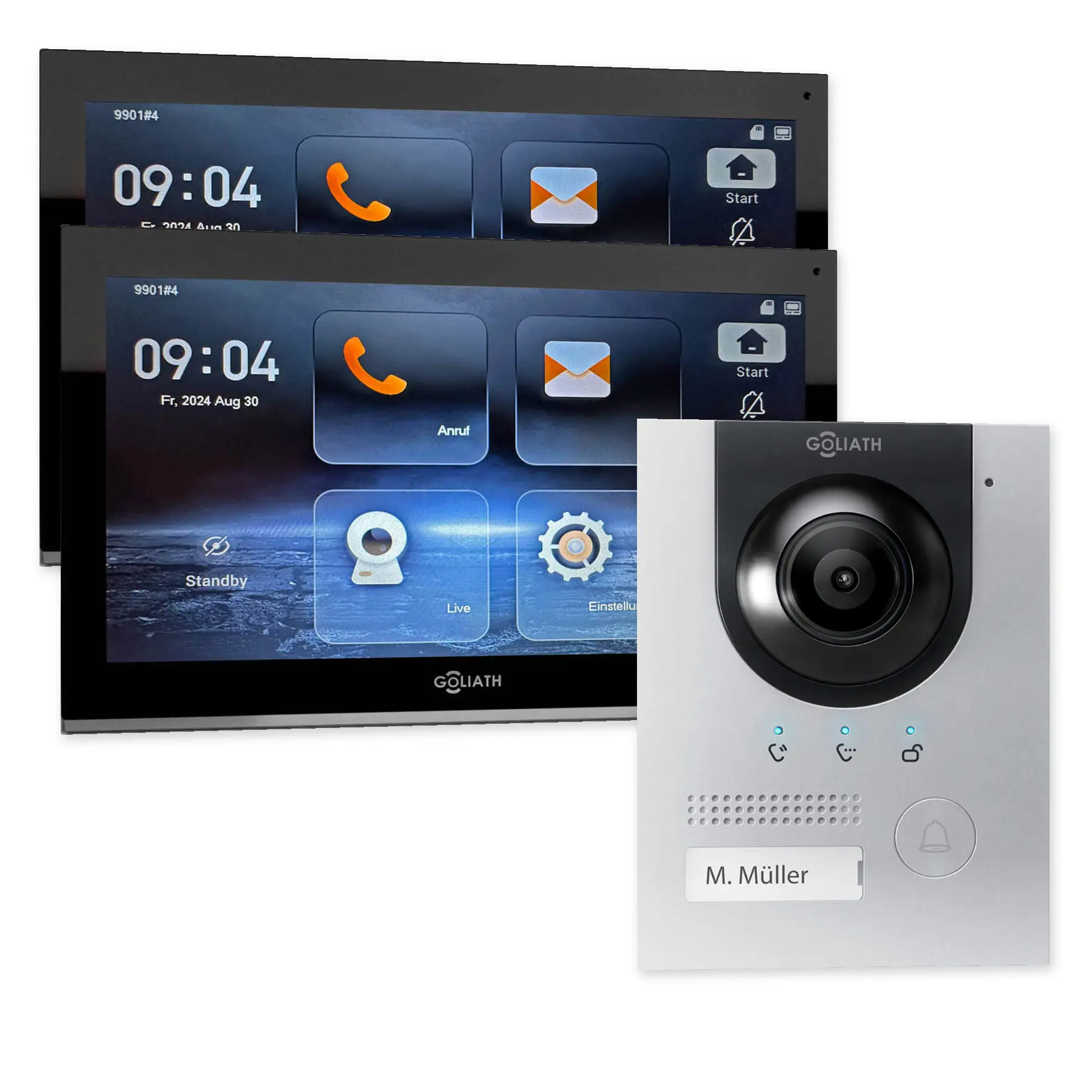 Goliath IP-Set mit einer silbernen Kompakt-Außenstation und 2 schwarzen 10-Zoll-Innenmonitoren.