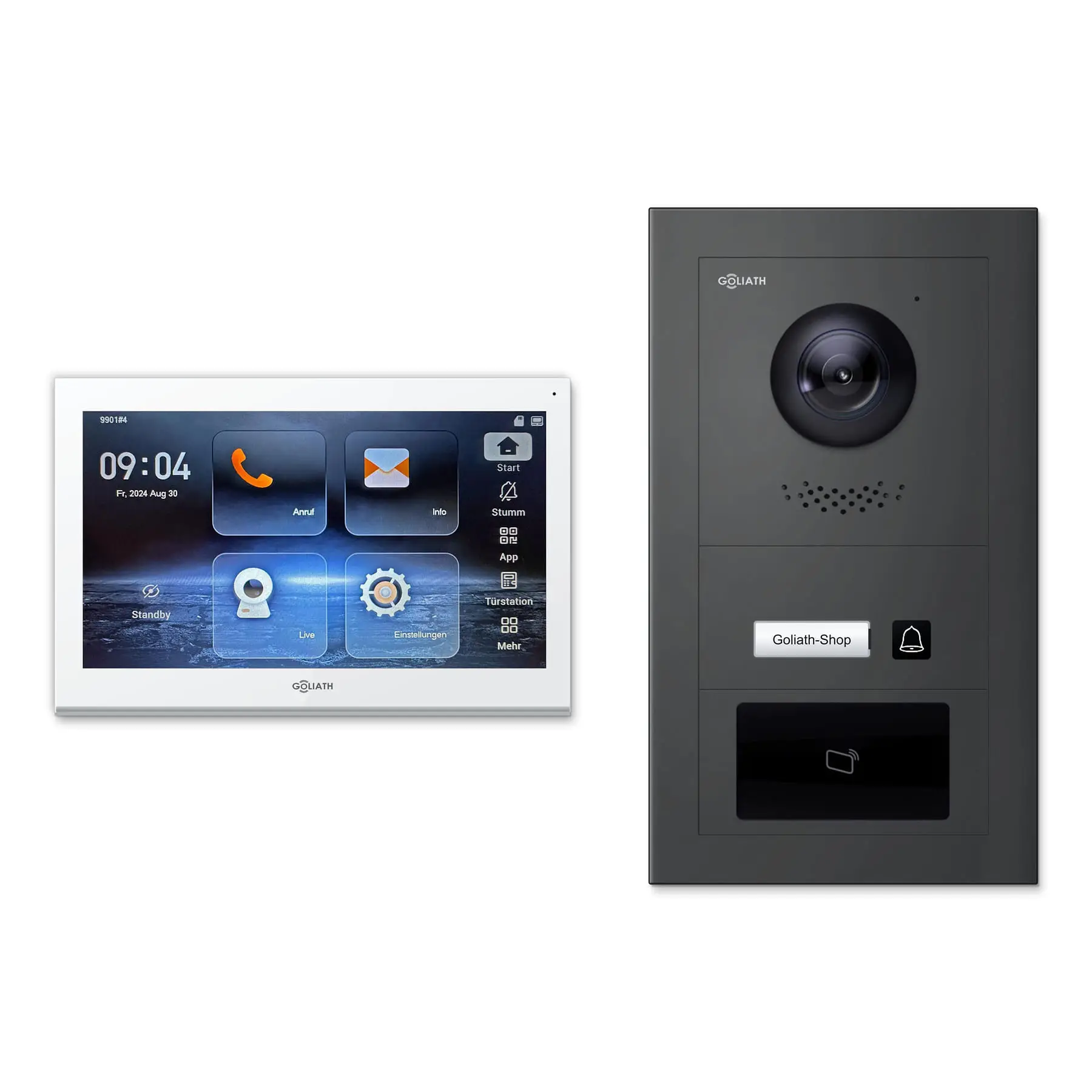 Goliath Video Türsprechanlage GL-IPH110A für 1-Familienhaus: 1 Monitor mit 10 Zoll in Weiß, Außenstation in Anthrazit mit 1 Klingeltaste sowie RFID. Set für Unterputzmontage.