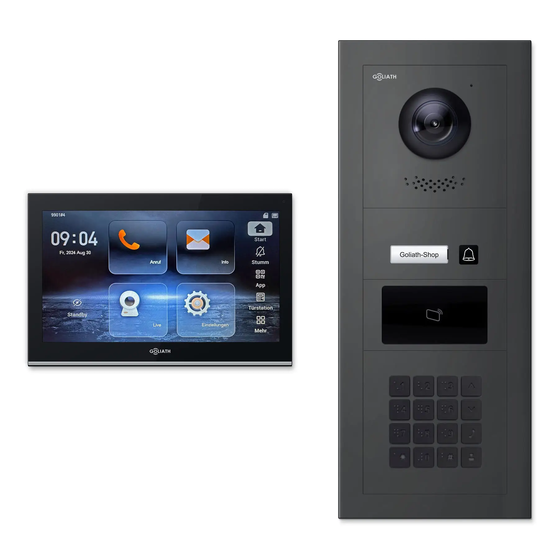 Goliath Video Türsprechanlage GL-IPH150A.4 für 1-Familienhaus: 1 Monitor mit 10 Zoll in Schwarz, Außenstation in Anthrazit mit 1 Klingeltaste sowie RFID, Zahlencode. Set für Unterputzmontage.