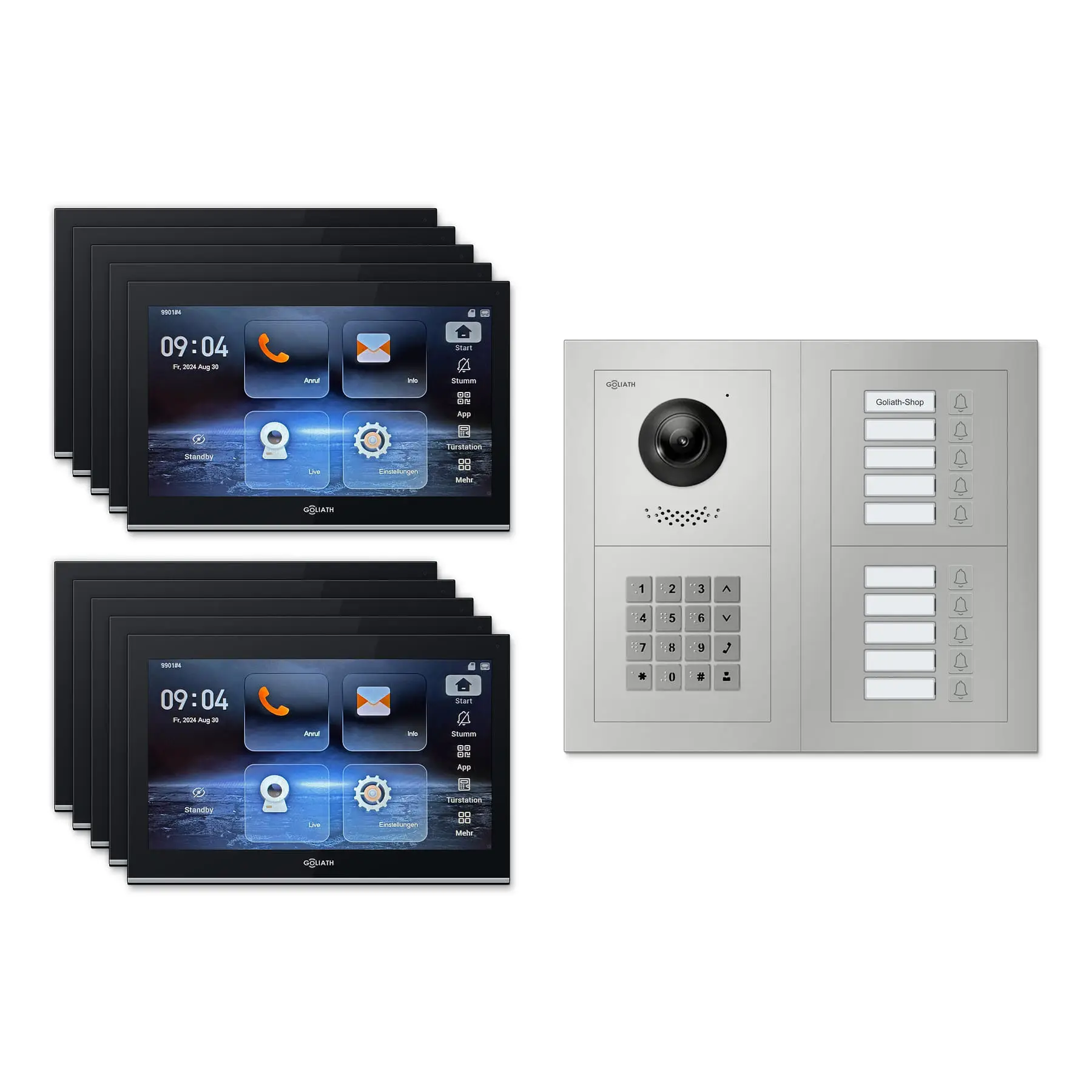 Goliath Video Türsprechanlage GL-IPH1020.3 für 10-Familienhaus: 10 Monitore mit 10 Zoll in Schwarz, Außenstation in Silber mit 10 Klingeltasten sowie Zahlencode. Set für Aufputzmontage.