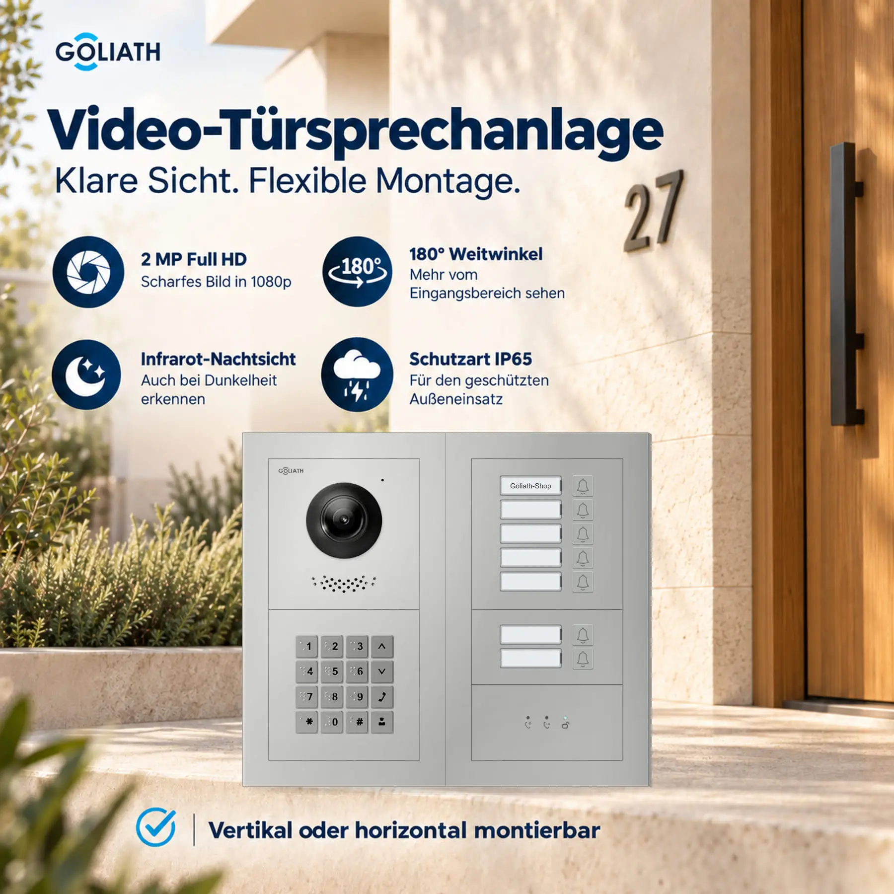 Goliath Premium-Line-Außenstation in Silber mit Kamera, 7 Klingeltasten, Zahlencode-Tastatur und Feedback-Anzeige. Zwei aufrechte Modulspalten nebeneinander auf Naturstein.