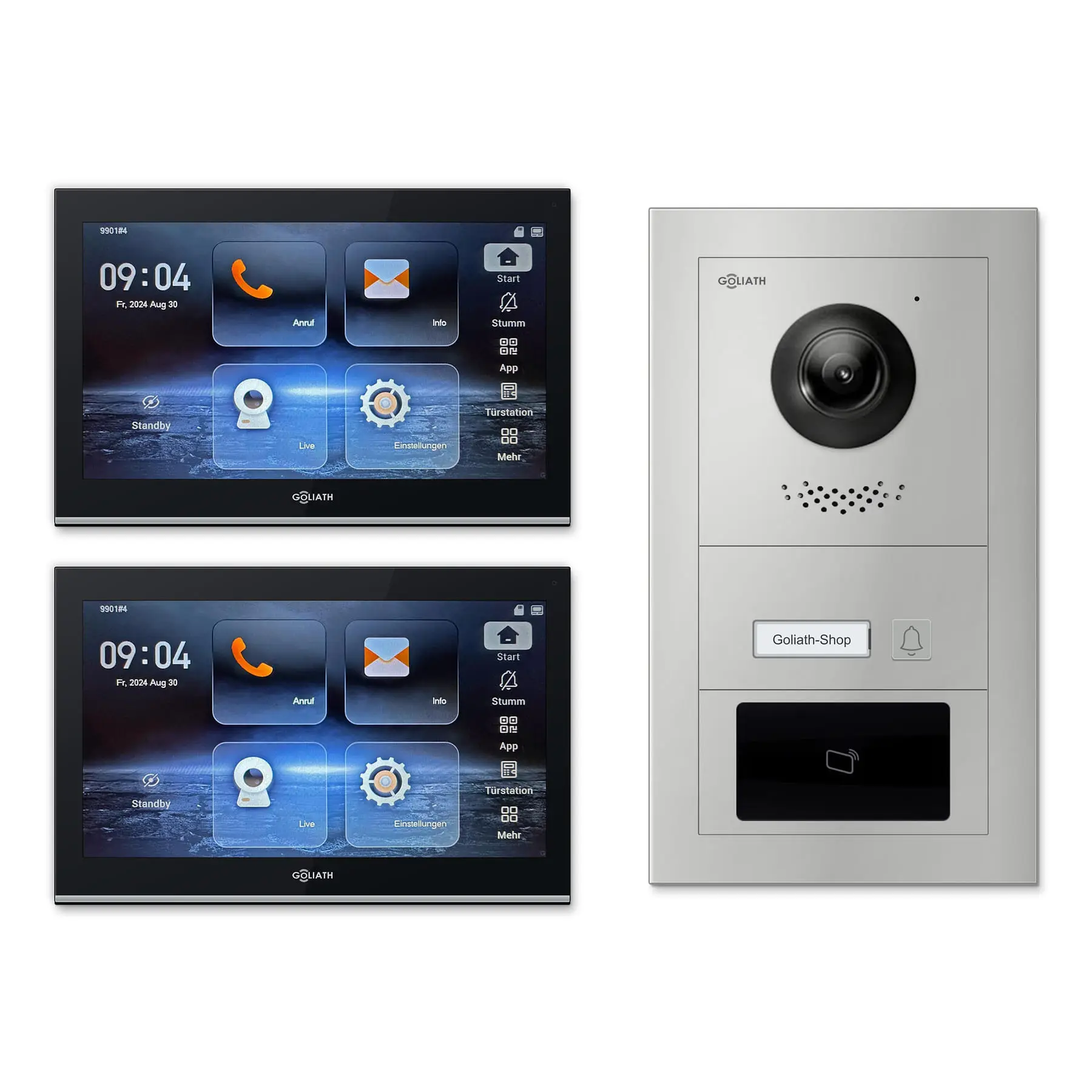 Goliath Video Türsprechanlage GL-IPH111.6 für 1-Familienhaus: 2 Monitore mit 10 Zoll in Schwarz, Außenstation in Silber mit 1 Klingeltaste sowie RFID. Set für Aufputzmontage.