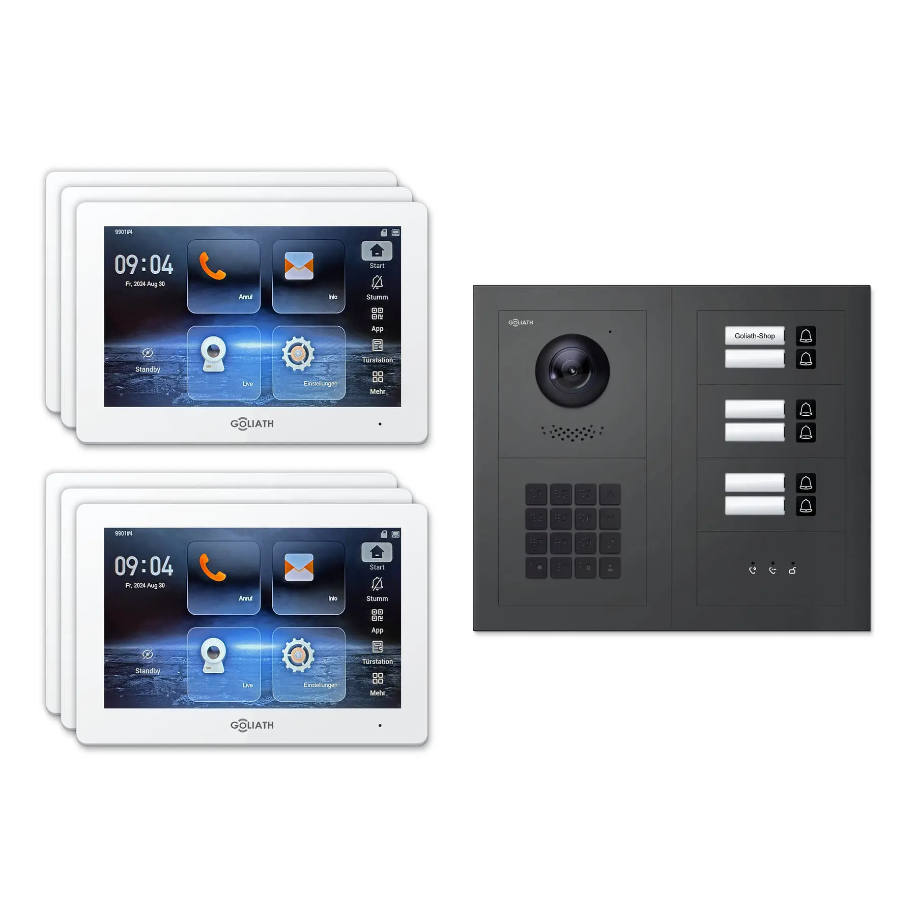 Goliath Türsprechanlage mit Kamera GL-HB630A für 6-Familienhaus: 6 Monitore mit 7 Zoll in Weiß, Außenstation in Anthrazit mit 6 Klingeltasten sowie Statusanzeige, Zahlencode. Set für Unterputzmontage.