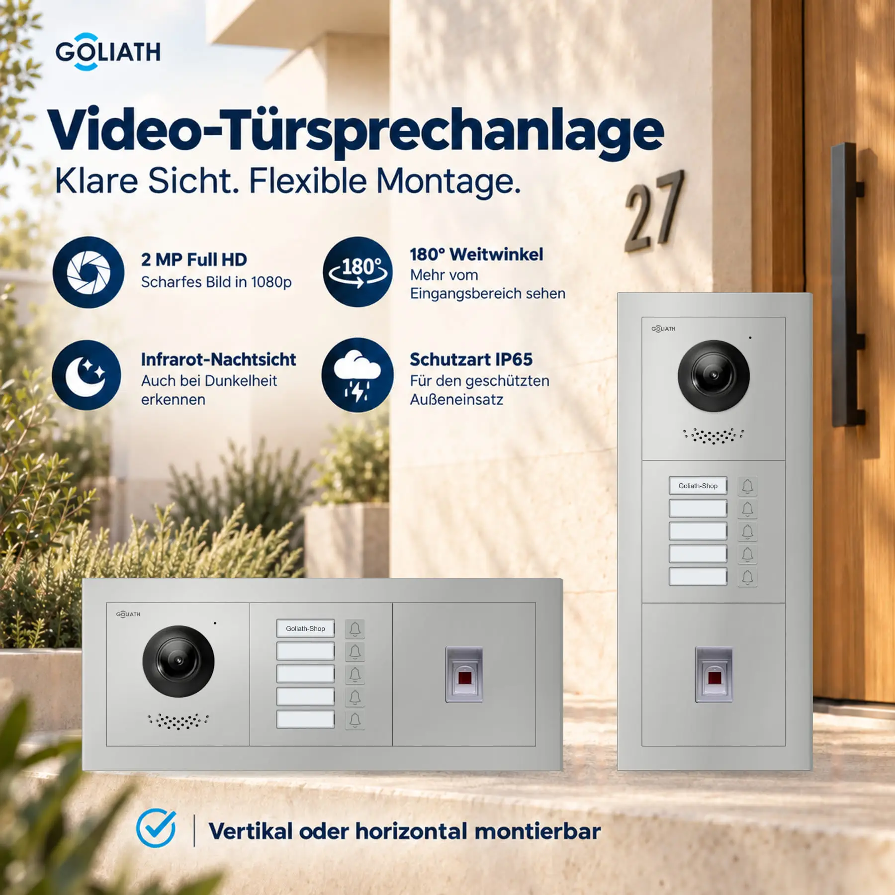 Goliath Premium-Line-Außenstation in Silber mit Kamera, 5 Klingeltasten und Fingerprint-Modul. Senkrechte und waagerechte Anordnung auf Naturstein.