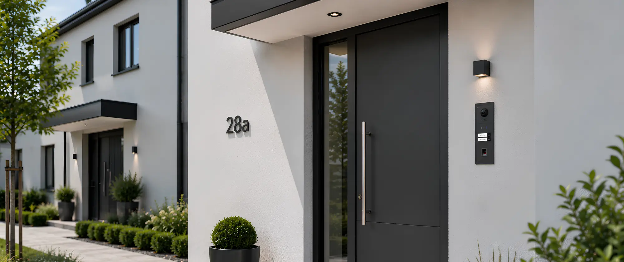 Goliath Premium IP-Türsprechanlage mit Kamera an einem modernen Mehrfamilienhaus