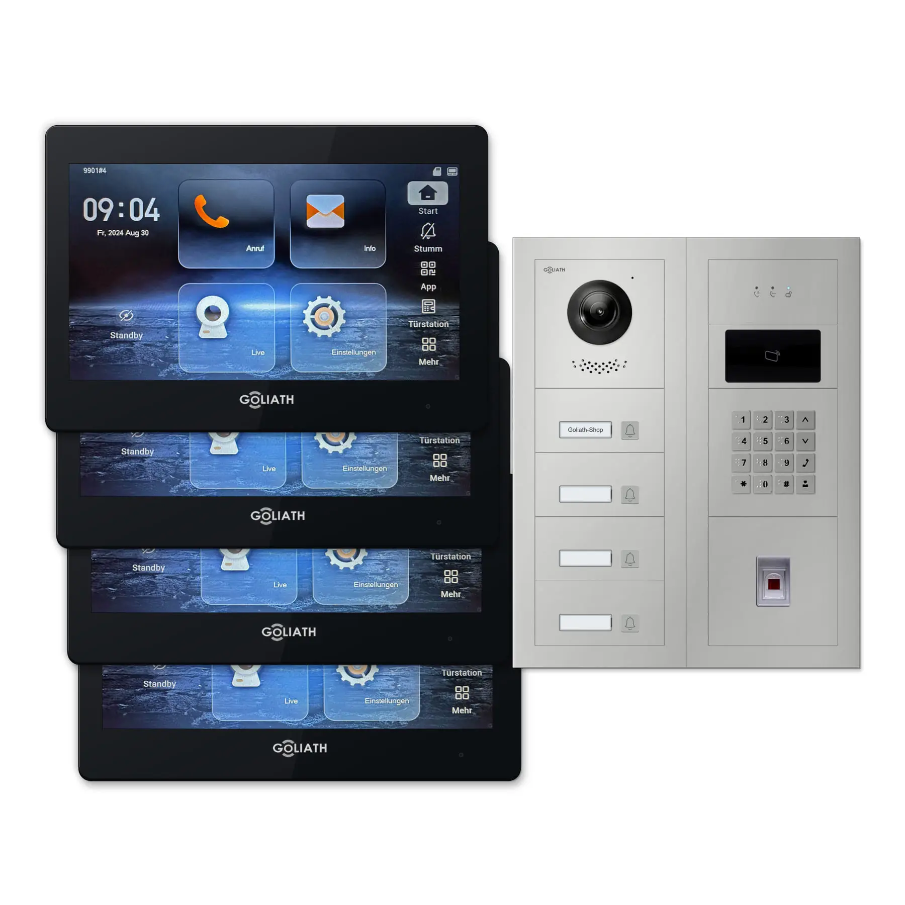 Modulare Goliath Außenstation in silber mit 4 Klingeltasten, Fingerprint, Zahlencode und RFID sowie Feedback-Modul und 4 7-Zoll-Innenmonitoren in Schwarz.