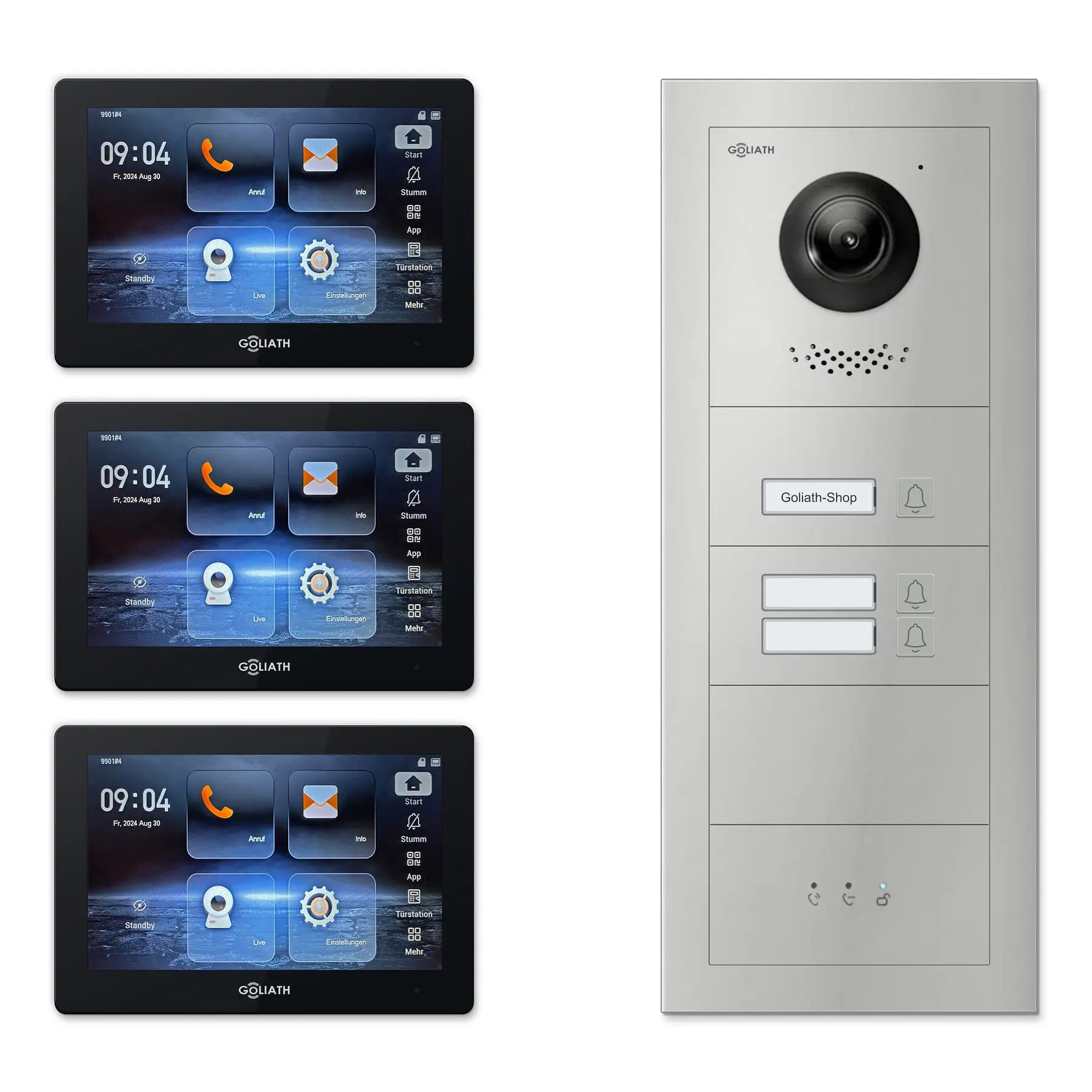 Goliath Video Türsprechanlage GL-IPH345.4 für 3-Familienhaus: 3 Monitore mit 7 Zoll in Schwarz, Außenstation in Silber mit 3 Klingeltasten sowie Statusanzeige. Set für Unterputzmontage.