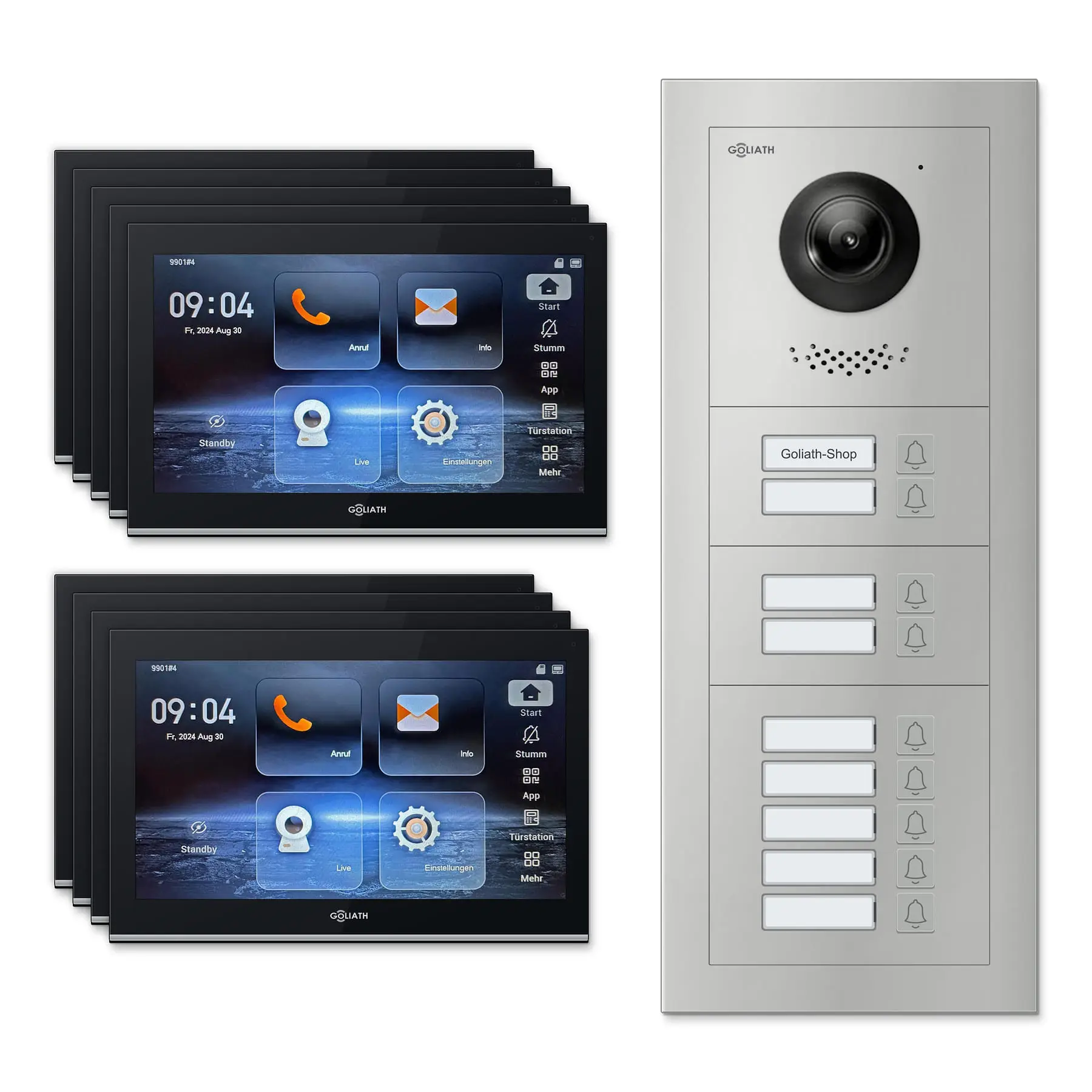 Goliath Video Türsprechanlage GL-IPH900.2 für 9-Familienhaus: 9 Monitore mit 10 Zoll in Schwarz, Außenstation in Silber mit 9 Klingeltasten. Set für Unterputzmontage.