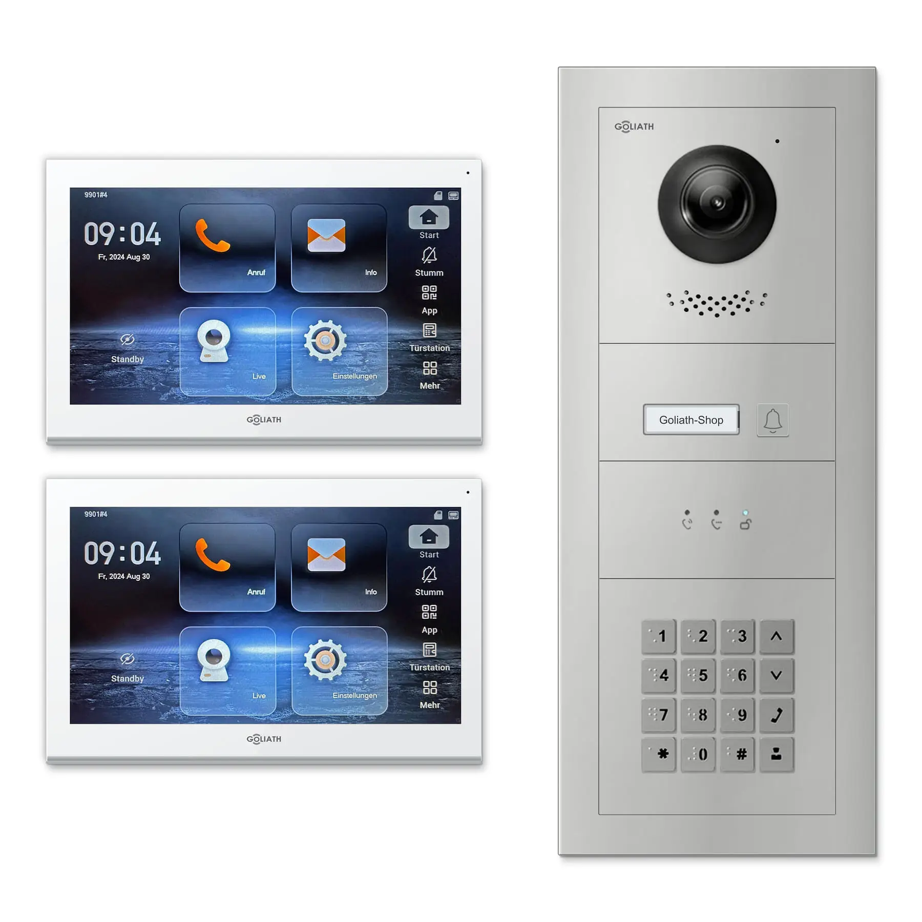 Goliath Video Türsprechanlage GL-IPH121.2 für 1-Familienhaus: 2 Monitore mit 10 Zoll in Weiß, Außenstation in Silber mit 1 Klingeltaste sowie Statusanzeige, Zahlencode. Set für Aufputzmontage.