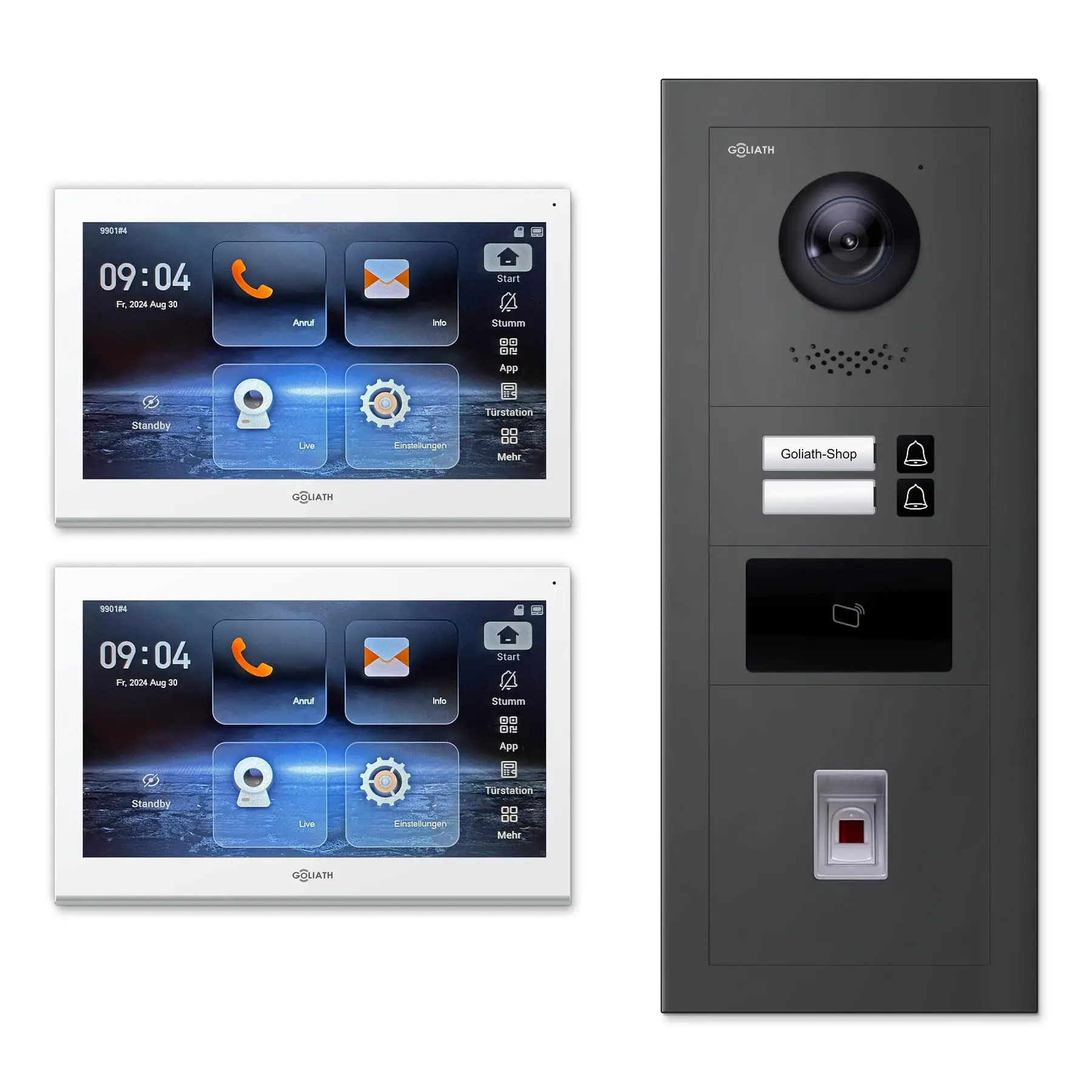 Goliath Video Türsprechanlage GL-IPH240A für 2-Familienhaus: 2 Monitore mit 10 Zoll in Weiß, Außenstation in Anthrazit mit 2 Klingeltasten sowie RFID, Fingerprint. Set für Unterputzmontage.