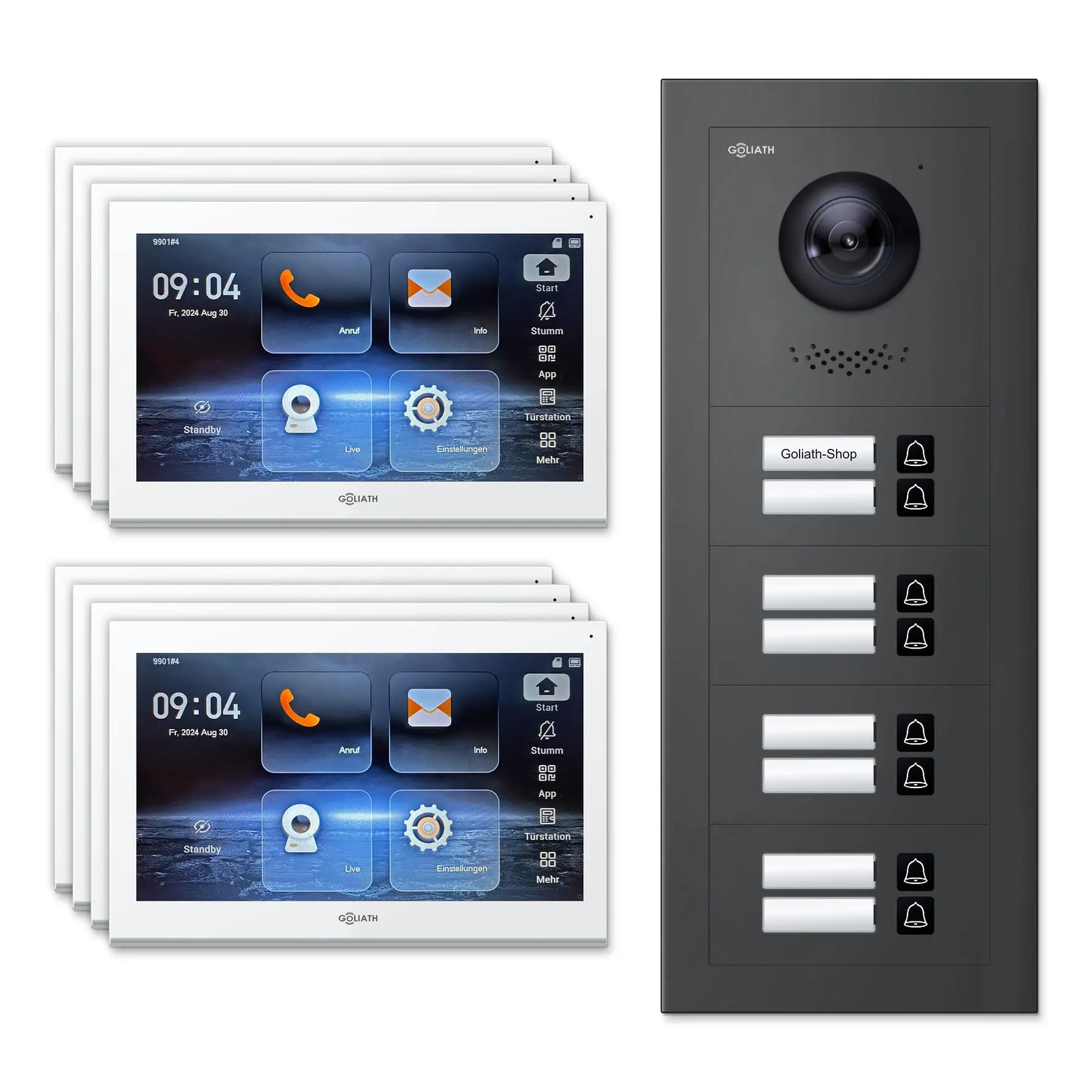 Goliath Video Türsprechanlage GL-IPH800A.1 für 8-Familienhaus: 8 Monitore mit 10 Zoll in Weiß, Außenstation in Anthrazit mit 8 Klingeltasten. Set für Aufputzmontage.