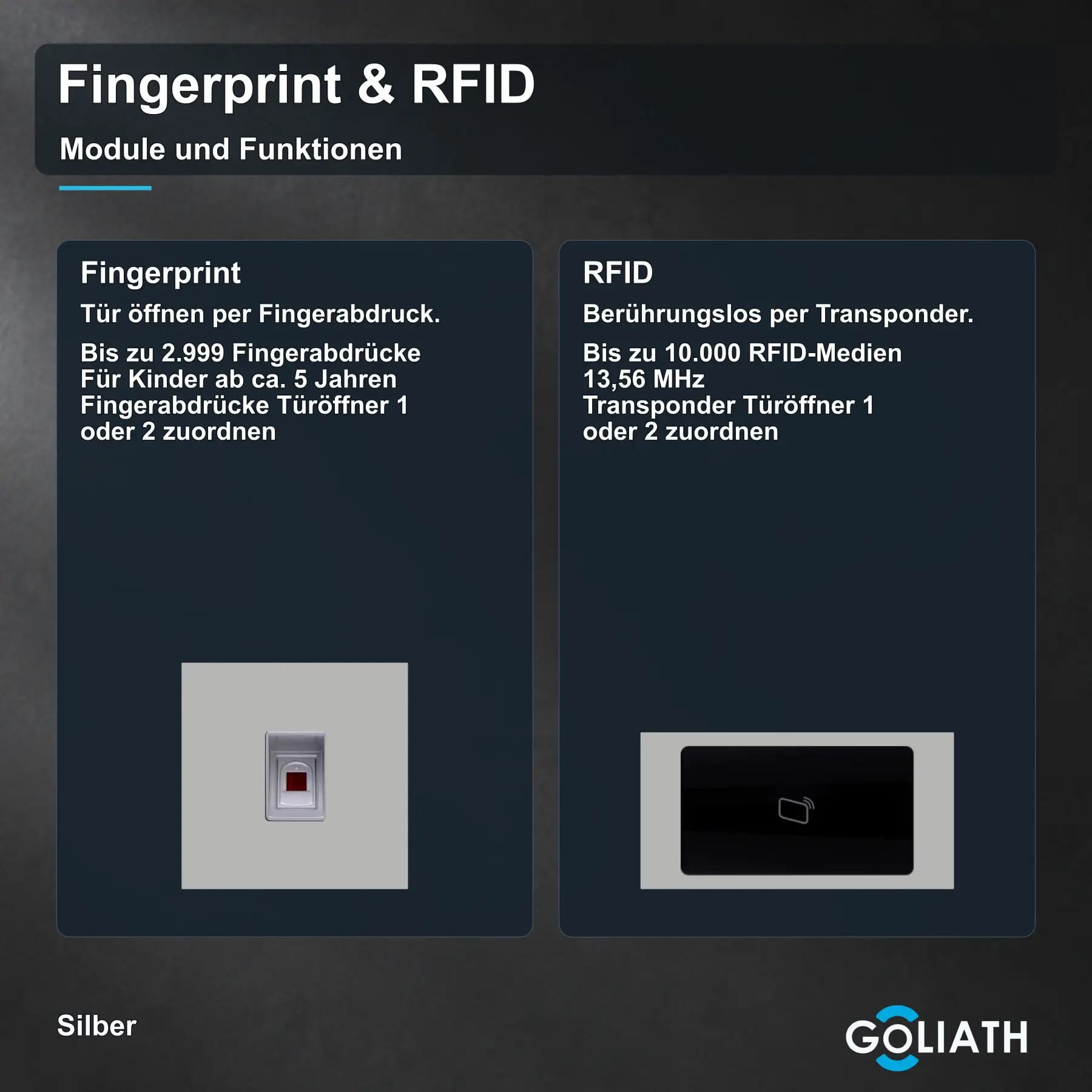 Fingerprint-Modul und RFID-Leser für die Goliath Türsprechanlage in Silber: Türöffnung per Fingerabdruck und berührungslose Türöffnung per Transponder.
