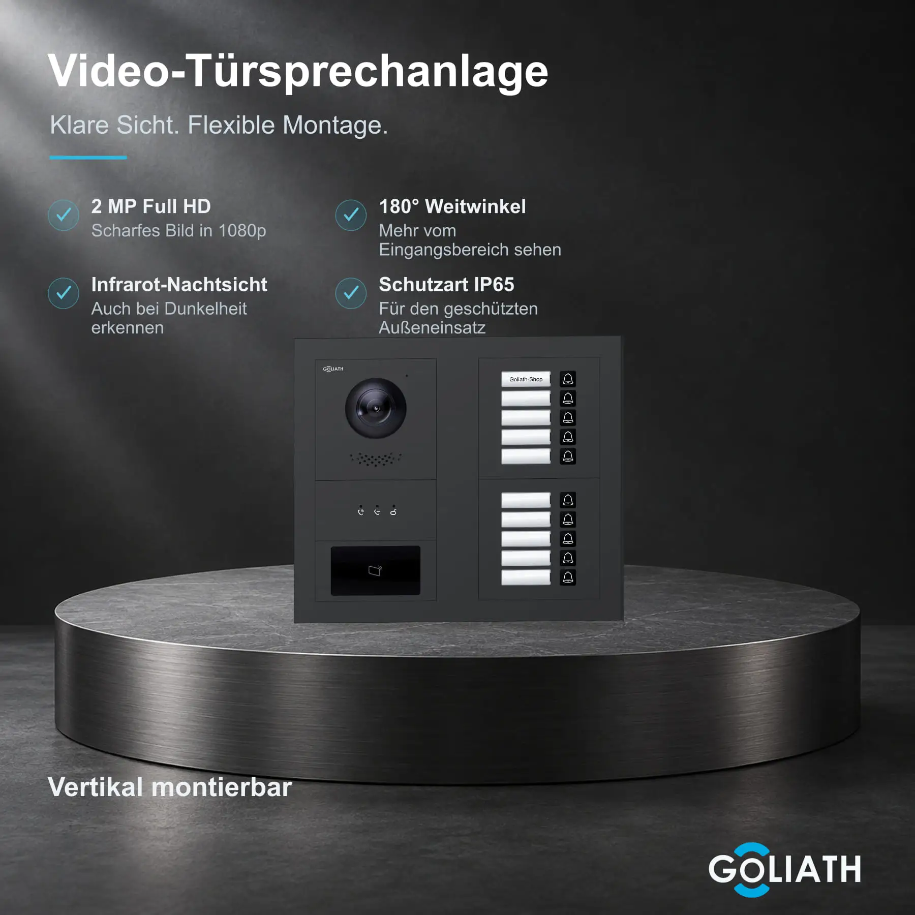 Goliath Premium-Line-Außenstation in Anthrazit mit Kamera, 10 Klingeltasten, RFID-Leser und Feedback-Anzeige. Zwei aufrechte Modulspalten nebeneinander auf Naturstein.