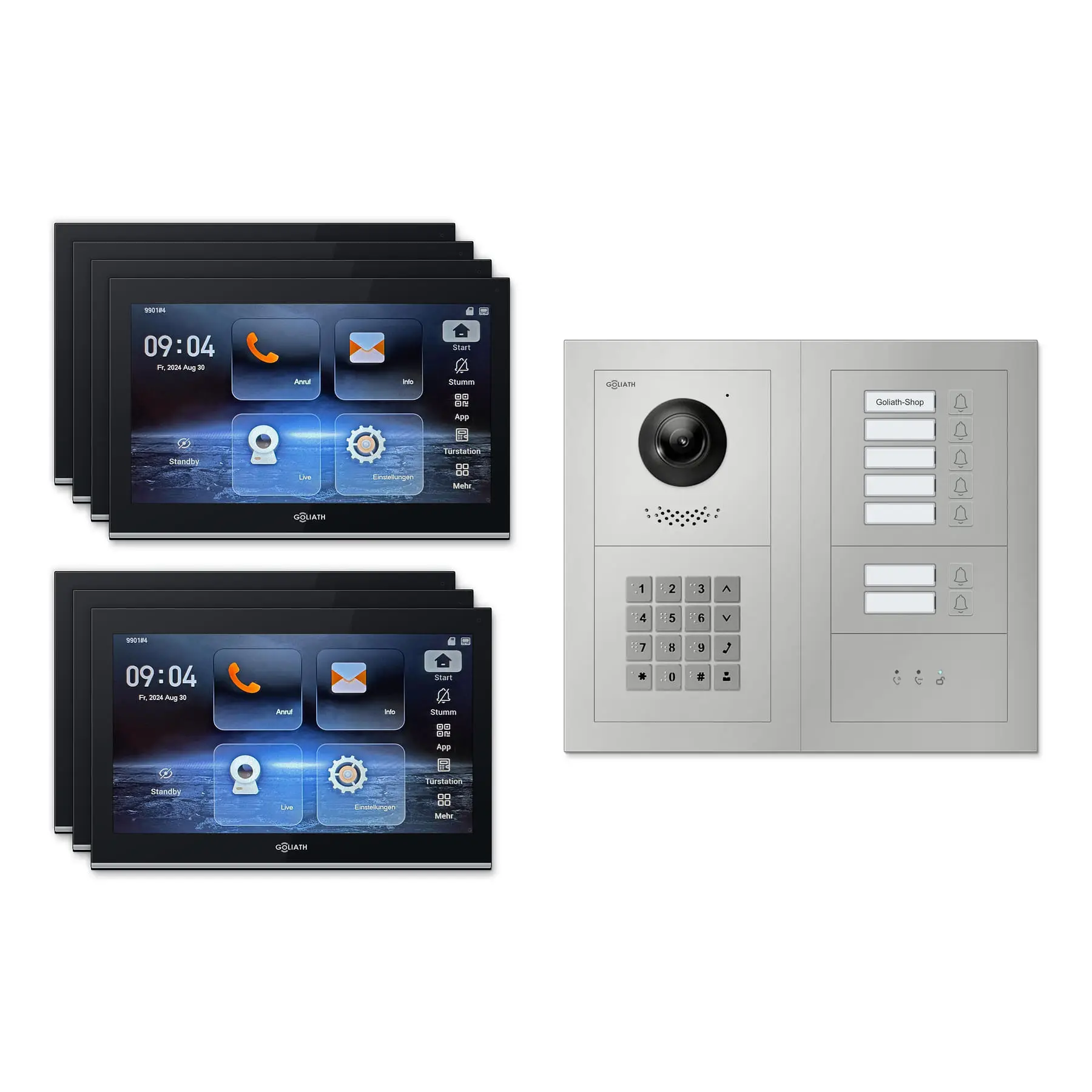 Goliath Video Türsprechanlage GL-IPH730.2 für 7-Familienhaus: 7 Monitore mit 10 Zoll in Schwarz, Außenstation in Silber mit 7 Klingeltasten sowie Statusanzeige, Zahlencode. Set für Unterputzmontage.