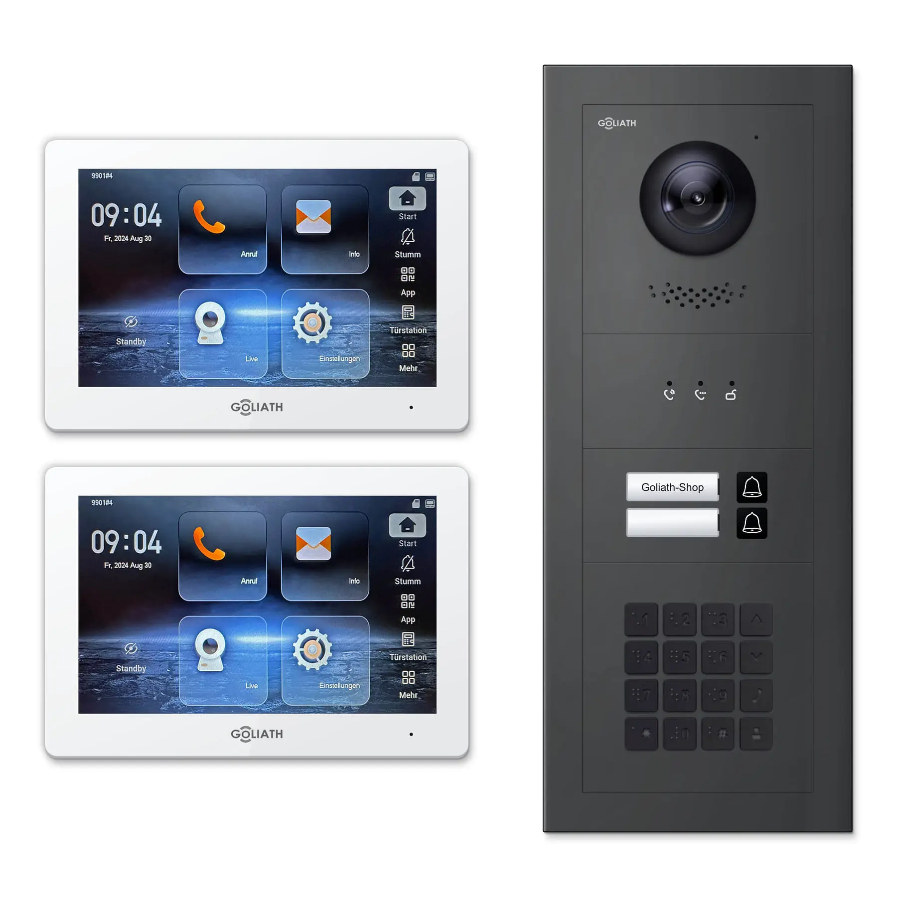 Goliath Türsprechanlage mit Kamera GL-HB220A für 2-Familienhaus: 2 Monitore mit 7 Zoll in Weiß, Außenstation in Anthrazit mit 2 Klingeltasten sowie Statusanzeige, Zahlencode. Set für Unterputzmontage.