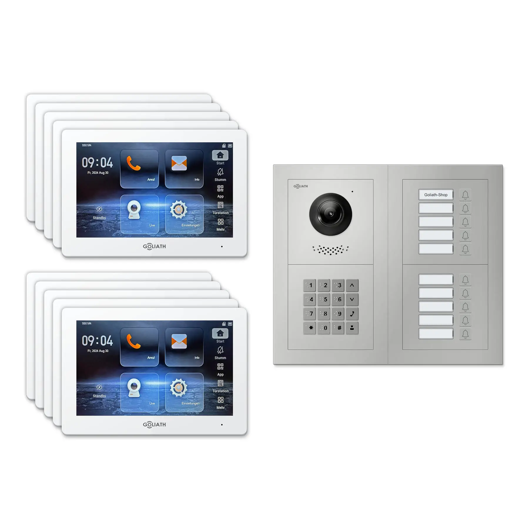 Goliath Türsprechanlage mit Kamera GL-HB1020.1 für 10-Familienhaus: 10 Monitore mit 7 Zoll in Weiß, Außenstation in Silber mit 10 Klingeltasten sowie Zahlencode. Set für Aufputzmontage.