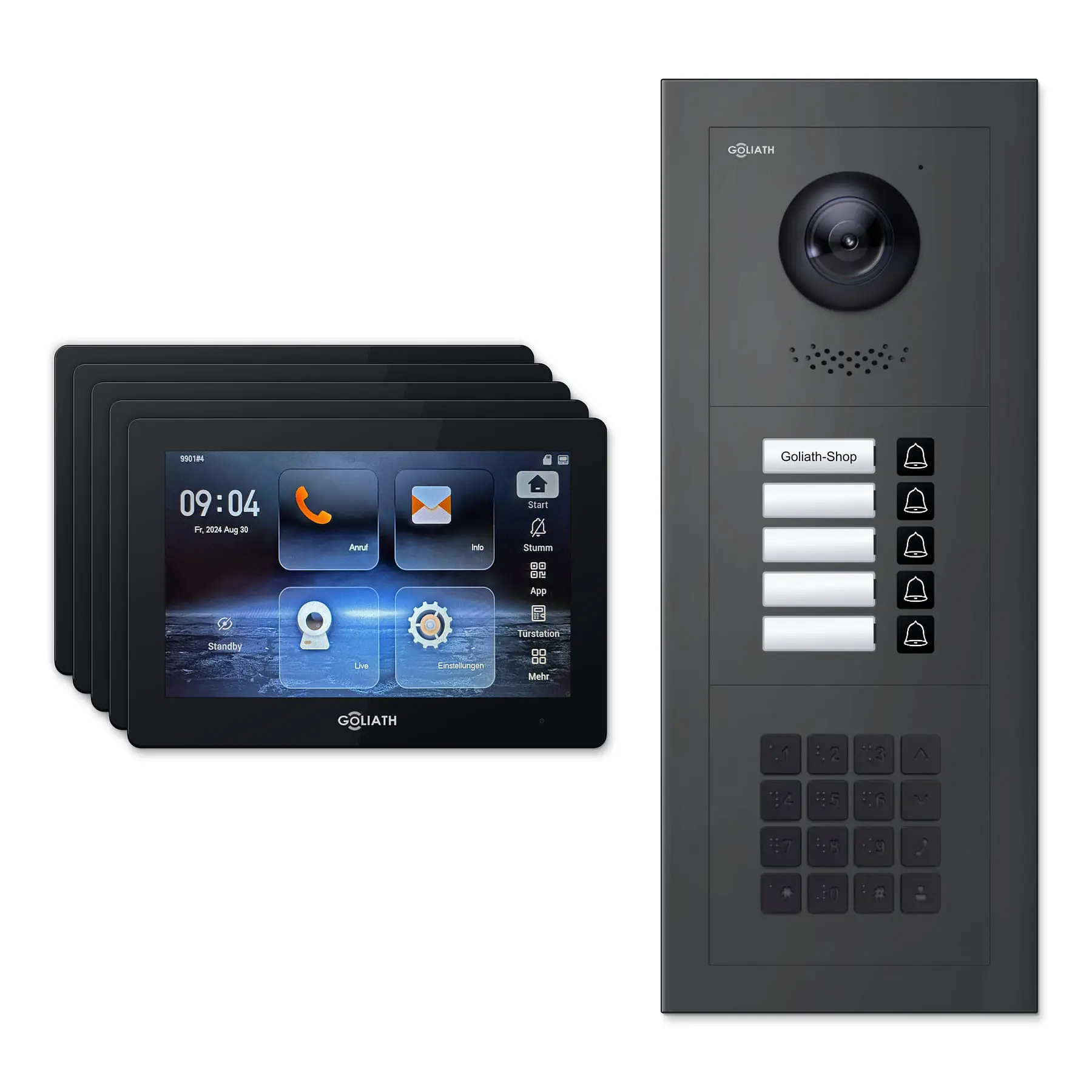 Goliath Türsprechanlage mit Kamera GL-HB520A.3 für 5-Familienhaus: 5 Monitore mit 7 Zoll in Schwarz, Außenstation in Anthrazit mit 5 Klingeltasten sowie Zahlencode. Set für Aufputzmontage.