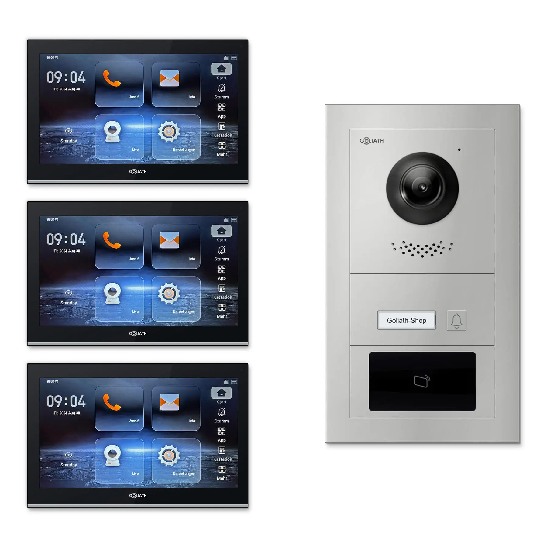 Goliath Video Türsprechanlage GL-IPH112.4 für 1-Familienhaus: 3 Monitore mit 10 Zoll in Schwarz, Außenstation in Silber mit 1 Klingeltaste sowie RFID. Set für Unterputzmontage.