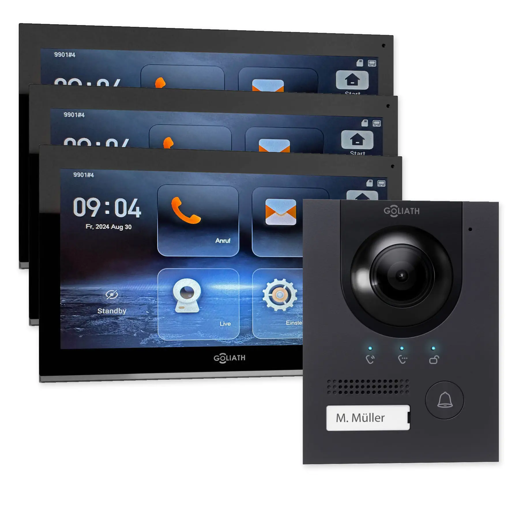 Goliath IP-Set mit einer anthrazitfarbenen Kompakt-Außenstation und 3 schwarzen 10-Zoll-Innenmonitoren.